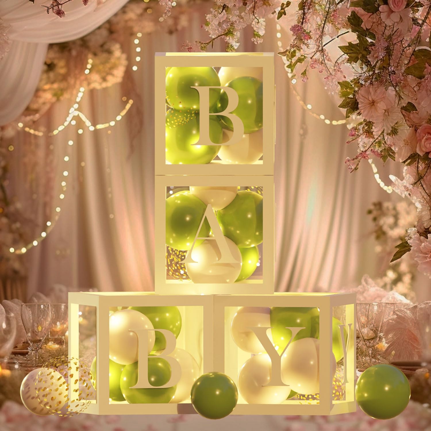 Baby Shower Balloon Boxes 4Pcs Clear Baby Blocks with Letters 4 Pack Led Fairy String Lights and 36Pcs Sage Green & Gold Balloons for Baby Shower Decorations，Birthday or Gender Reveal Parties