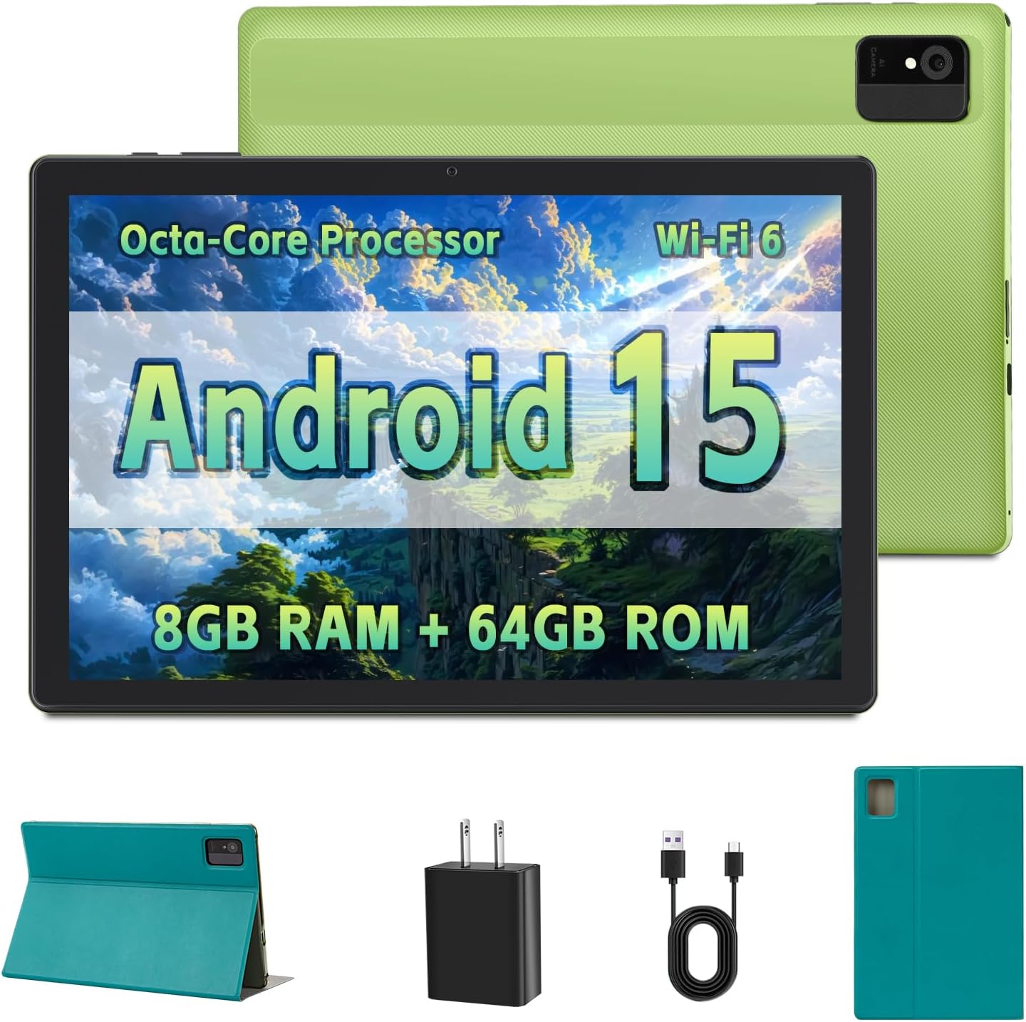 10 Inch Tablet - Android 15 Tablet for Adults - Google Tablet Computer with HD IPS Touch Display, Octa-Core, 8GB RAM 64GB ROM, 512GB Expand, Wi-Fi 6 (2.4G + 5G), Dual Camera, 5000Mah Battery - Silver