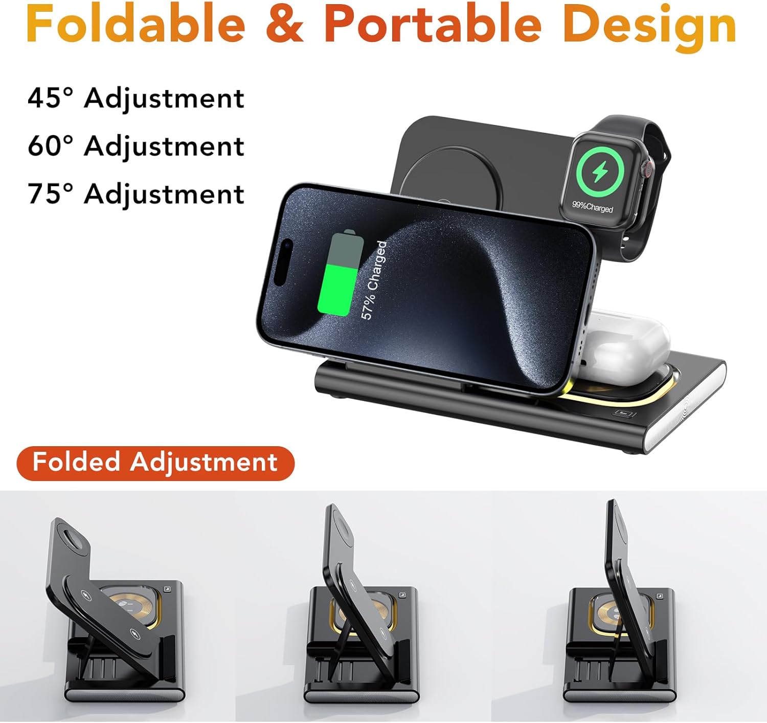3 in 1 Foldable Charging Station for Apple Products,Fast Wireless Charger Travel Dock Adapter&Light for Iphone 16/15/14/13/12/11/X/Xs,For Iwatch 10/9/8/7/Ultra2/Ultra/Se,For Airpods 4/3/2/Pro/2(Black)