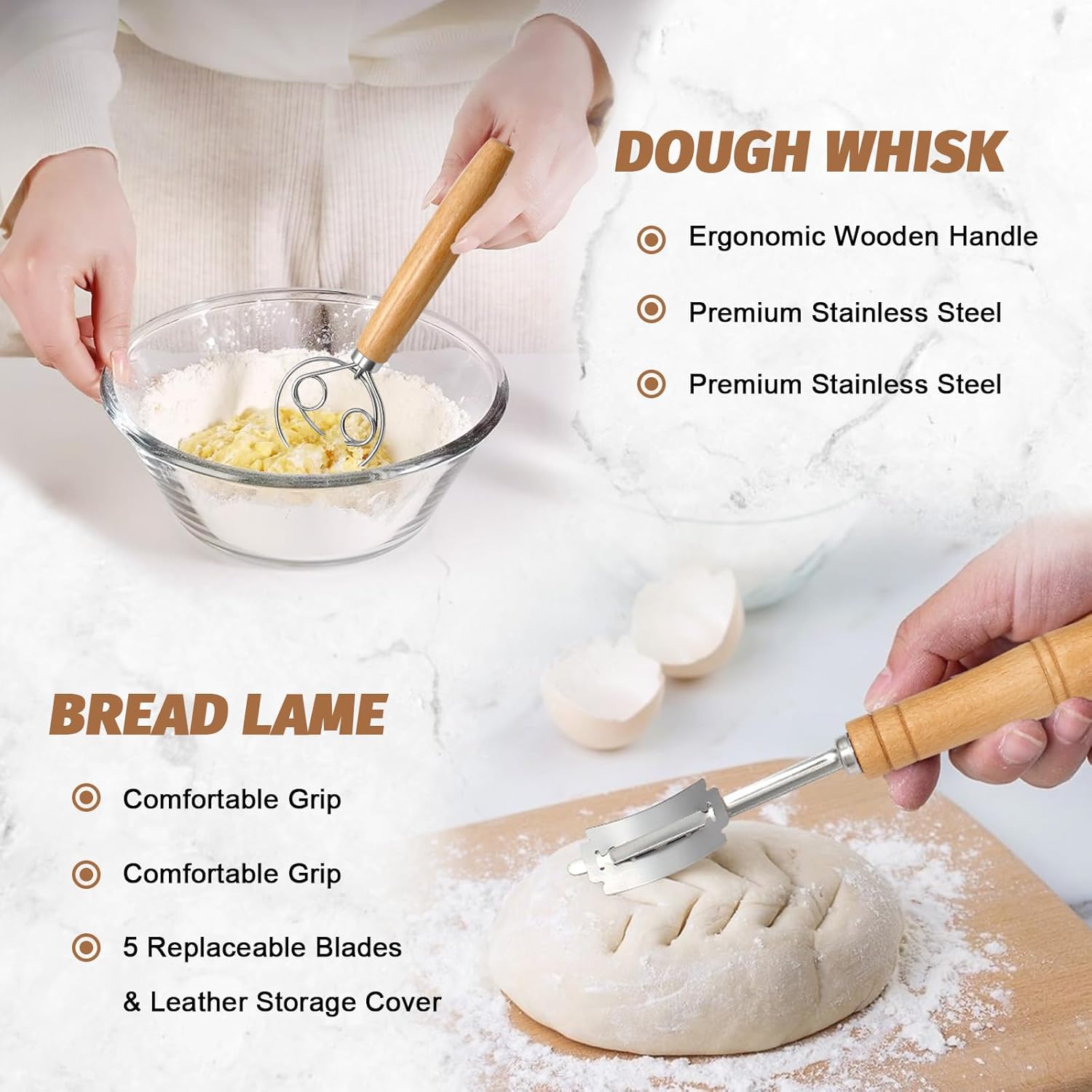 Sourdough Proofing Basket Gift Set, 9" round and 10" Oval Banneton Bread Baking Supplies, Sourdough Baskets with Bread Lame, Danish Whish, Bowl Scraper, Sourdough Scraper, and Linen Liners