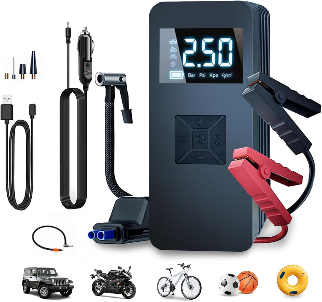 Jump Starter with Air Compressor,14.8V 8000A Peak Portable Car Battery Jump Starter Jump Box,150Psi Car Air Pump Tire Inflator Battery Charger with LED Light, LCD Display,Black