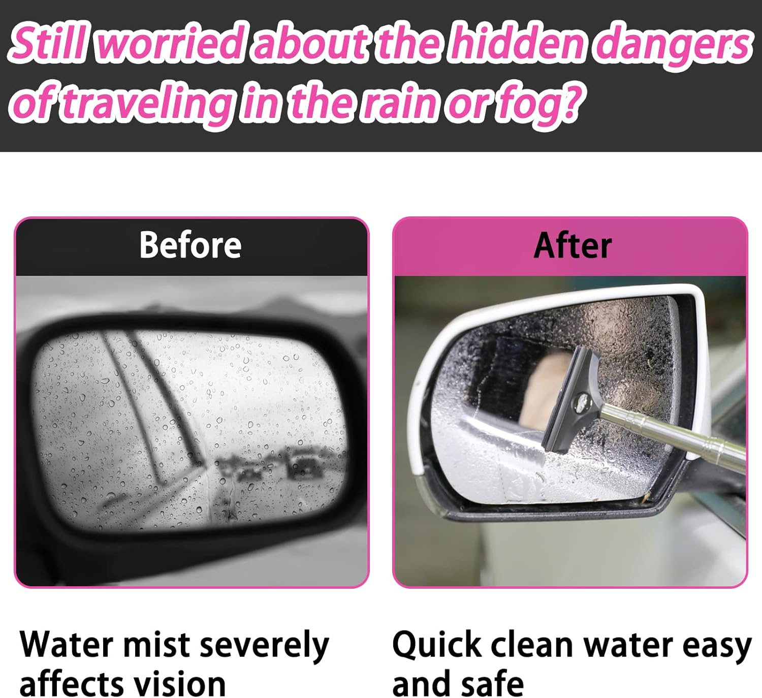 Side Mirror Squeegee, 2 PCS Car Mirror Squeegee, Retractable Car Rearview Mirror Wiper for All Vehicles, Universal Automotive Accessories(Black/Pink)