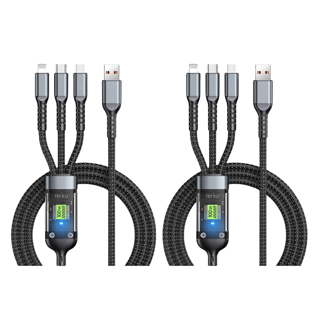 3 in 1 Multi Charging Cable, 100W Fast Charge for Multiple Devices, Braided Universal Phone Charger Cord with Type-C, Micro USB, IP Port for Iphone16/15/14/13/Ipad/Android Phones and More (1)