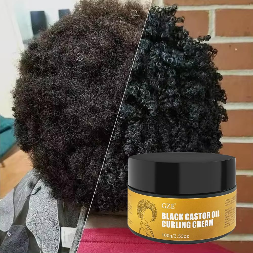 GZE Black Castor Oil Curling Cream - Curl Enhancer & Frizz Control for Curly Hair, Defines Curls Styling Cream 3.53Oz