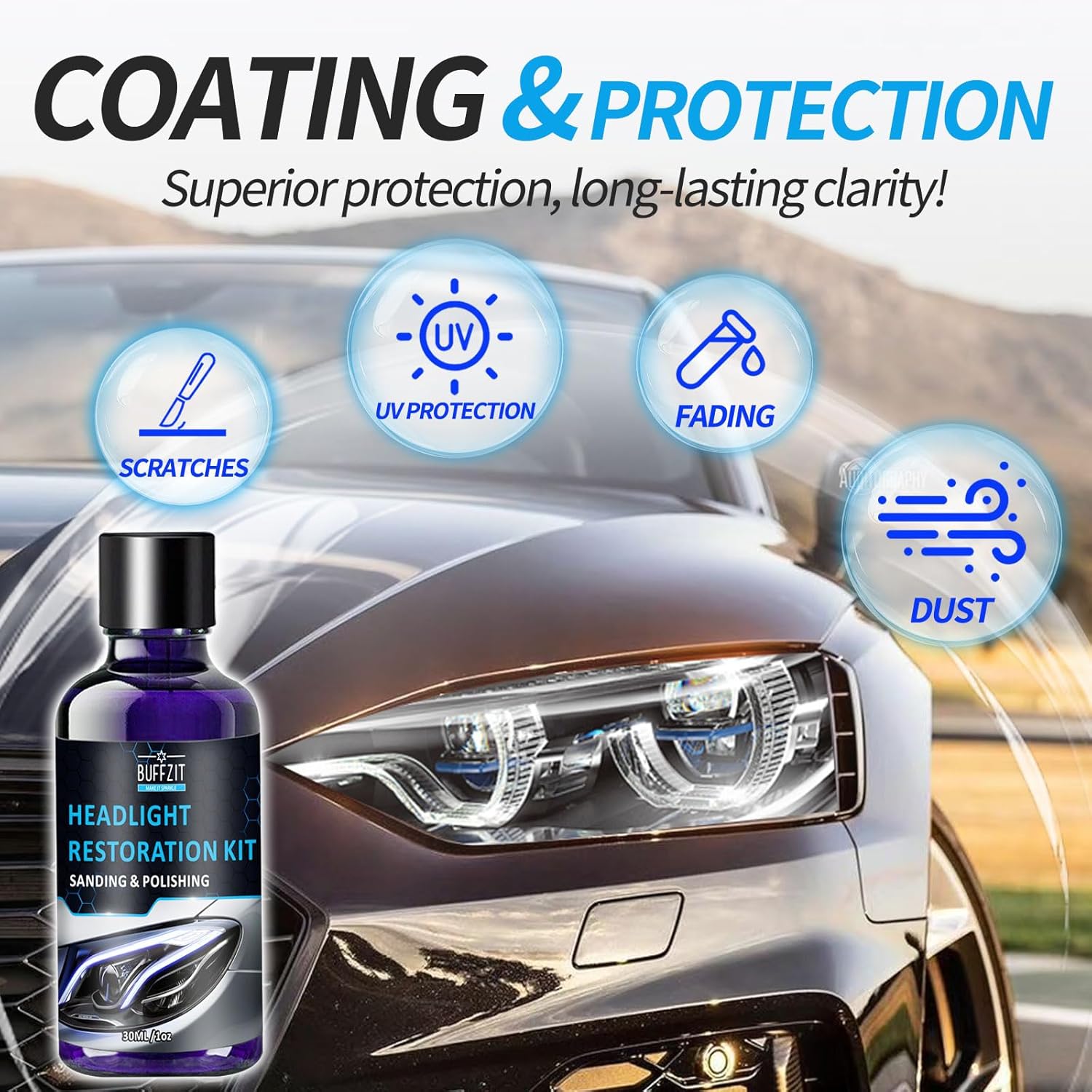 Car Headlight Restoration Kit - Professional Oxidation Sand Remover to Get Rid of Yellowing, Cloudiness, Scratches & Stains & UV Protection Clarity Coating Fluid – 1Oz/30Ml