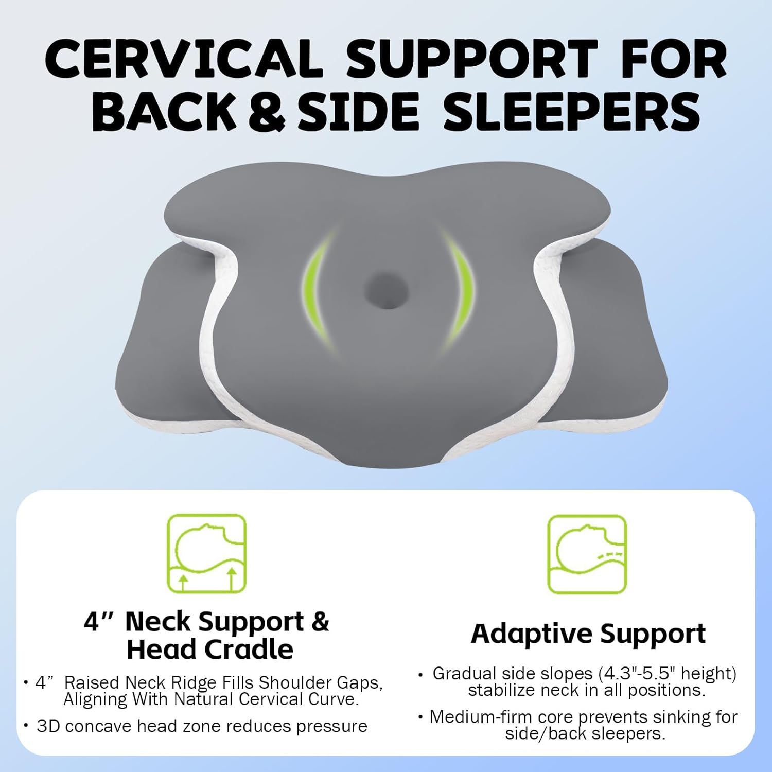Cervical Pillow for Neck Pain Relief - Ergonomic Dual-Height Butterfly Contour Memory Foam Pillow with Ice Silk Fabric & Washable Cover for Side Back Stomach Sleepers (Grey)