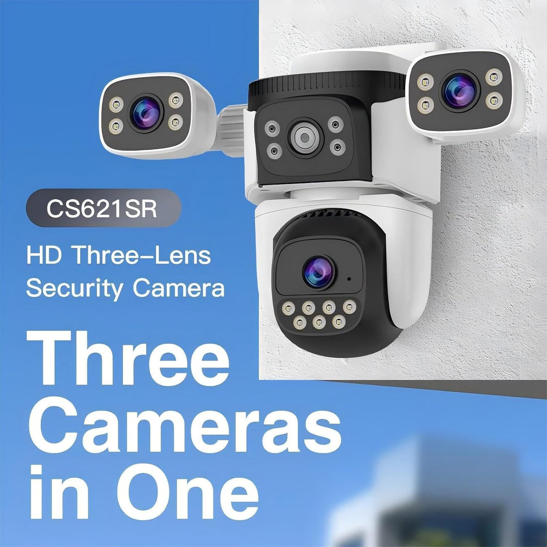 Triple Lens Wifi PTZ Security Camera, Three Cameras in One, Side Cameras with Adjustable All-Angle Arm, 2K 360° View No Blind Spot, Auto Tracking, Spotlight, 2 Way Audio