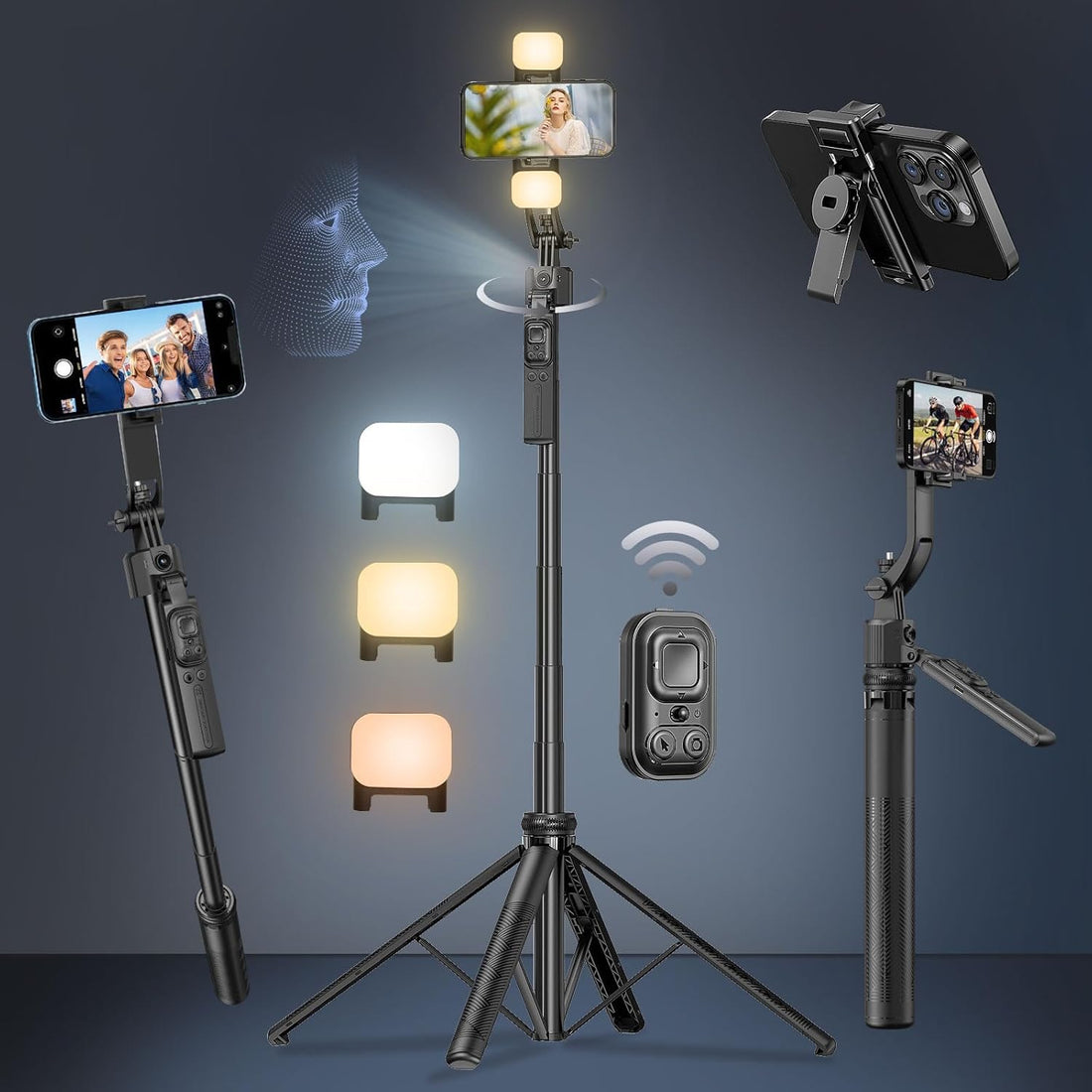 Auto Face Tracking Selfie Stick Tripod for Iphone with Light,360 Rotation That Follows Your Movement,63" Phone Camera Tripod Stand with Remote for Content Creator Vlog Live Stream Video Recording