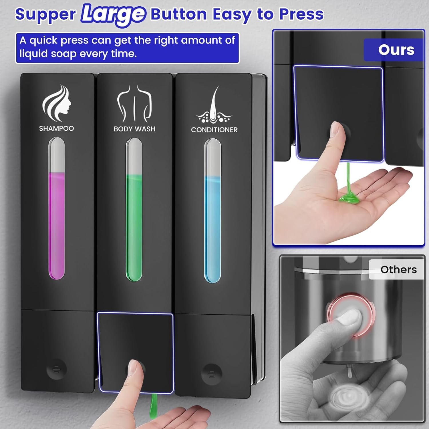 3 in 1 Shampoo and Conditioner Dispenser, 1200ML Capacity Shower Soap Dispenser Bathroom Set, 3 Chamber Shower Dispenser No Drill, Fashionable Wall Mounted Soap Dispenser for Bathroom & Hotel