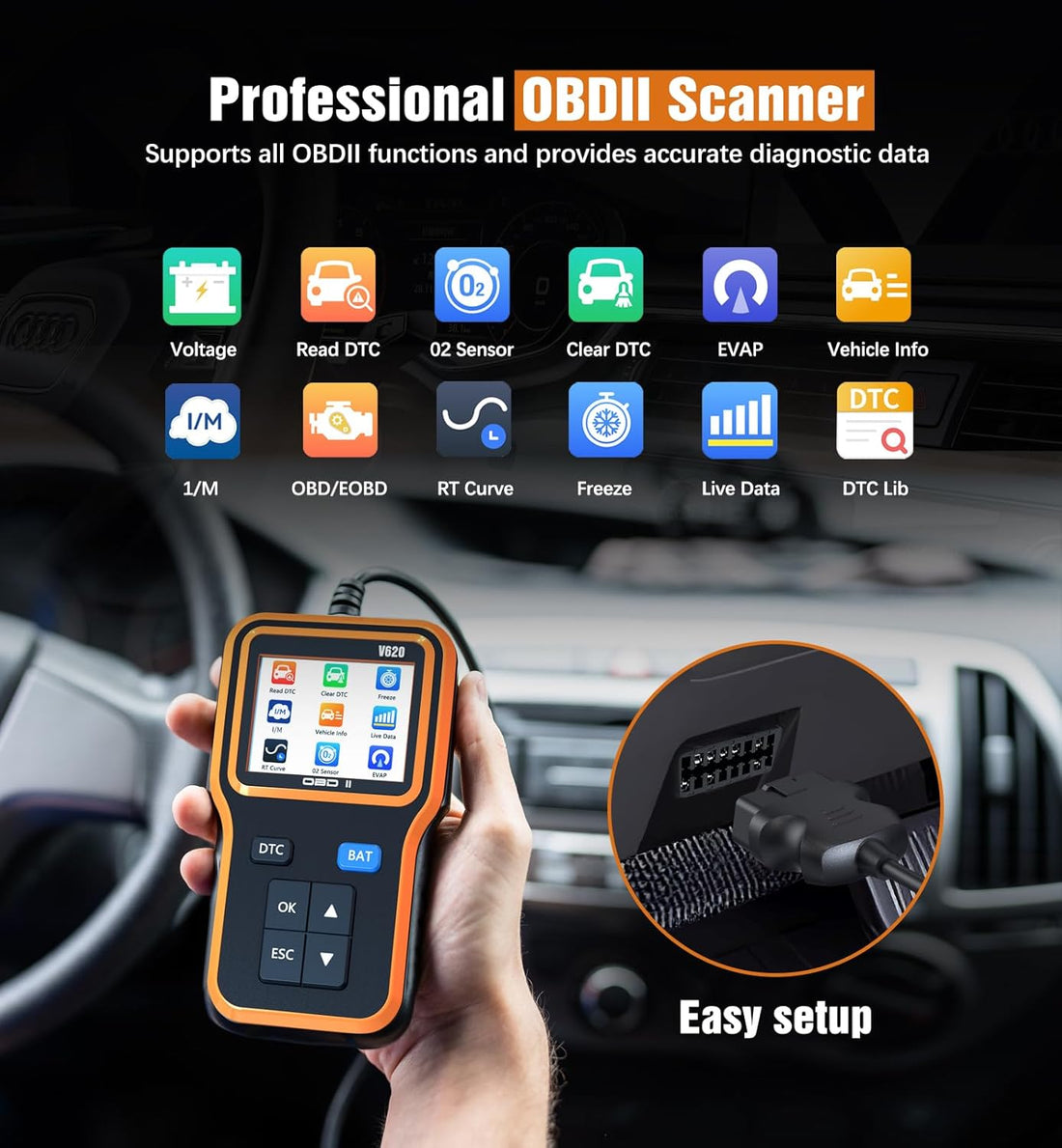 OBD2 Scanner with Upgrade Battery Tester - Diagnostic Tool for Cars That Check Engine Light & Emissions Readiness Read and Clears Vehicle Error Codes for All OBD II Protocol Vehicles since 1996