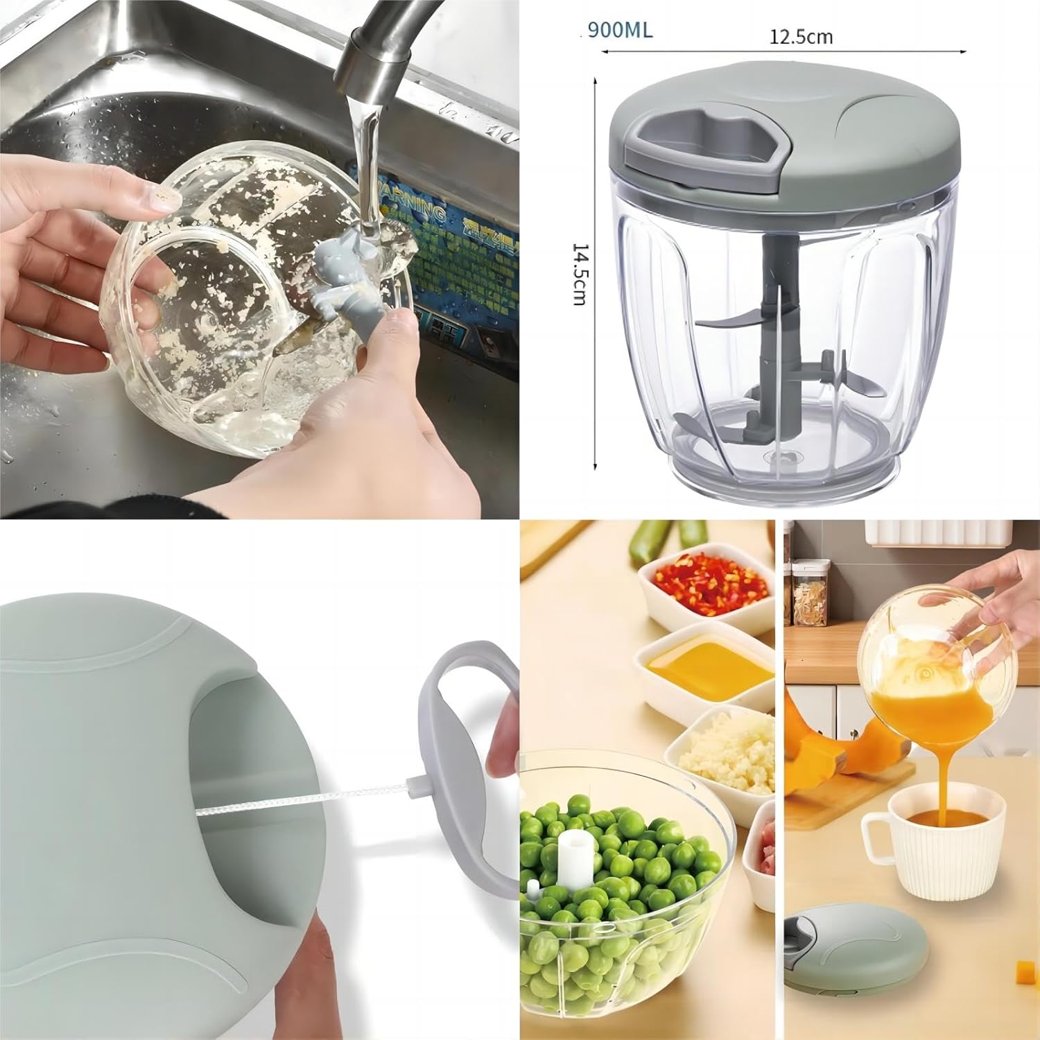 900Ml Extra Large Manual Food Chopper Vegetable Chopper Garlic Chopper, Pull String Manual Food Processor with 5 Sharp Blades Mincer for Cutting Onions Chili Ginger Seasoning