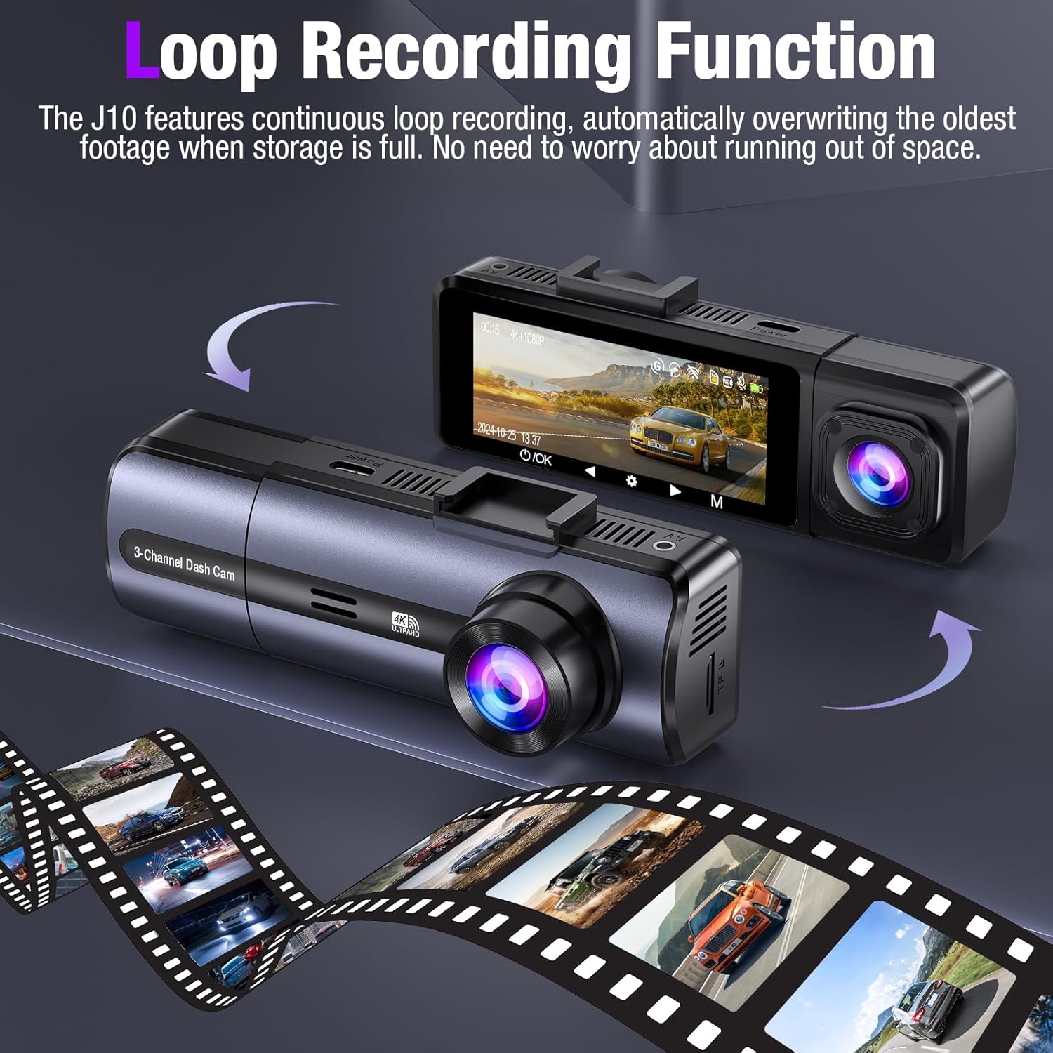 3 Channel 4K Dash Cam with 5Ghz Wifi & APP Control, 4K/2.5K+1080P+1080P Front inside and Rear, Triple Dash Camera with 64GB Card, G-Sensor, 24 Hours Parking Mode, Loop Recording, Night Vision