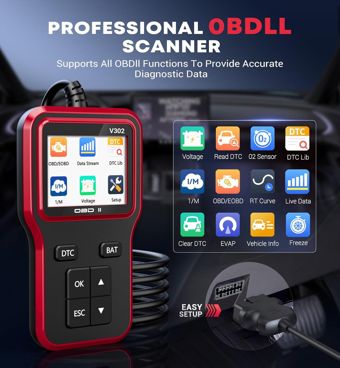 Obd2 Scanner with Battery Tester Enhanced Fixd Car Diagnostic Tool Code Reader for Cars and Trucks Check Engine Light Reader Clears Vehicle Error Codes for All OBD II since 1996