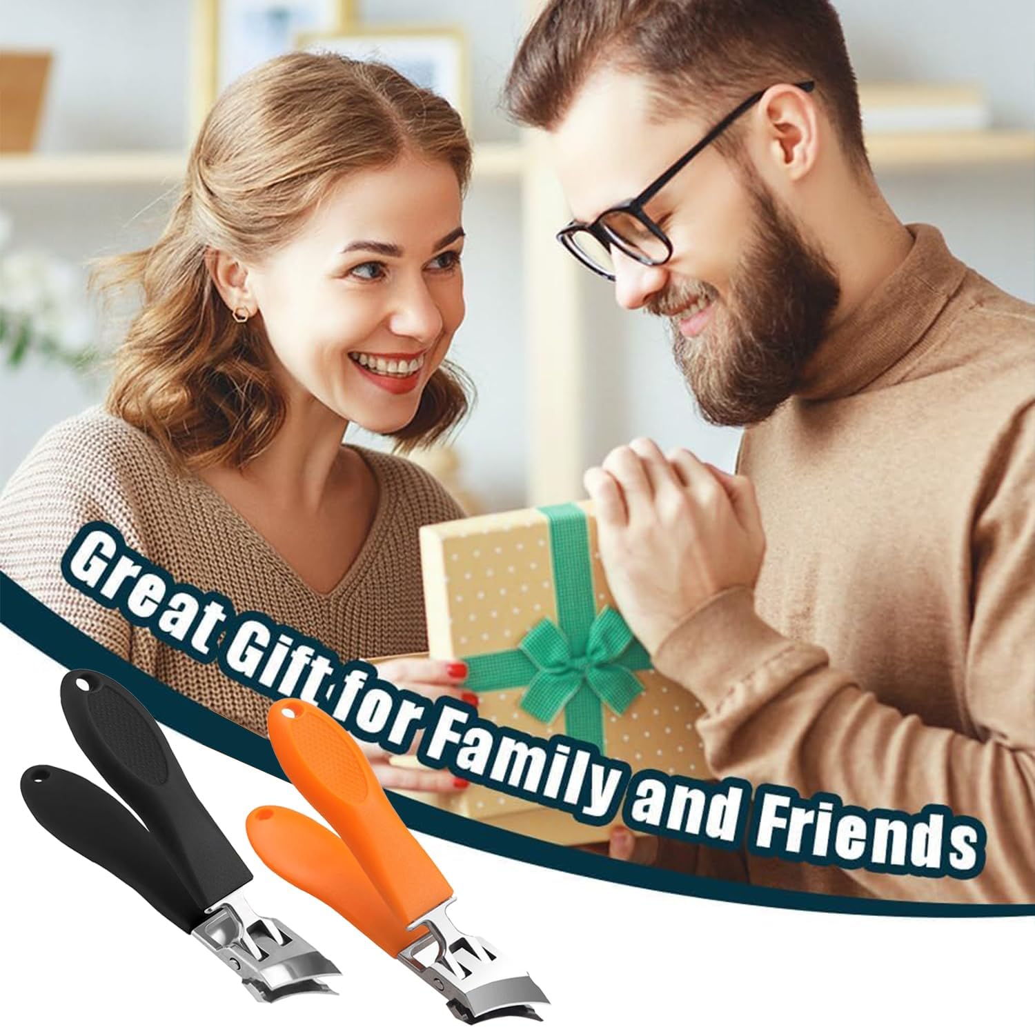 2PCS Wide Jaw Opening Anti-Splash Slanted Nail Clipper, Nail Clippers for Ingrown Nails Thick Toenails, Long Handle No Splash Nail Trimmer, Toenail Clippers for Women and Men (Orange & Black)