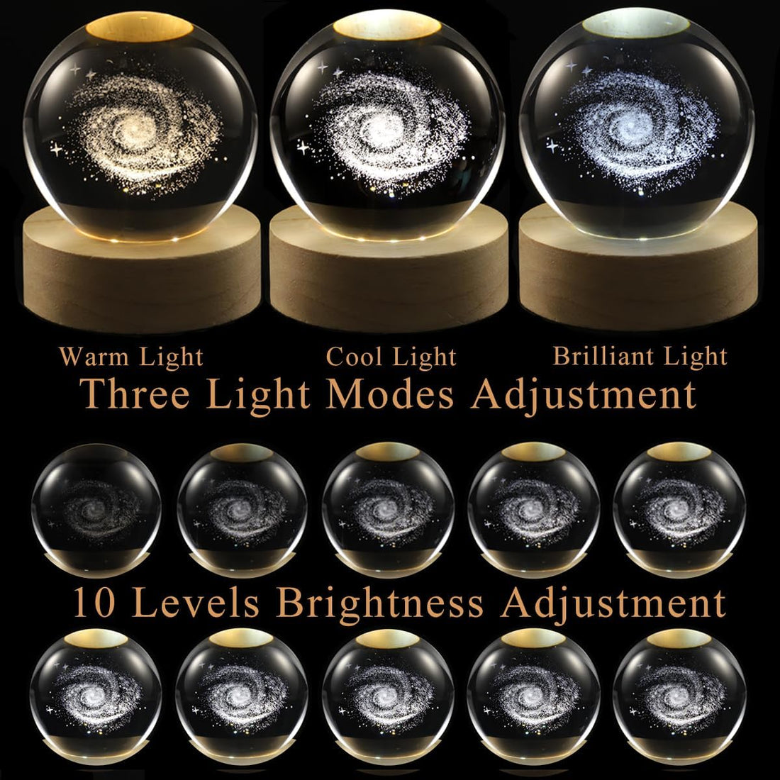 3D Galaxy Crystal Ball Lamp with Dimmable LED and Wooden Base, Night Light for Kids Teens Adults, Home Desk Office Bedroom Decor, Birthday Gift (2.4”/ 6Cm)