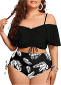Women'S plus Size Two Piece Tankini Sets off Shoulder Ruffle Drawstring High Waisted Textured Swimsuits