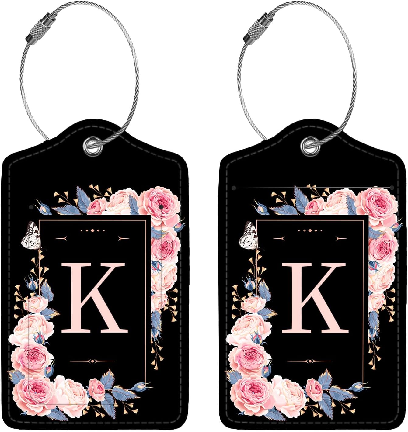 2 Pcs PU Leather Luggage Tag for Suitcases with Privacy Shield and Name ID Tag Address Card Travel Cruise Luggage Tag, Suitable for Men and Women Baggage Handbag Backpack,Flower and Monogram(Letter K