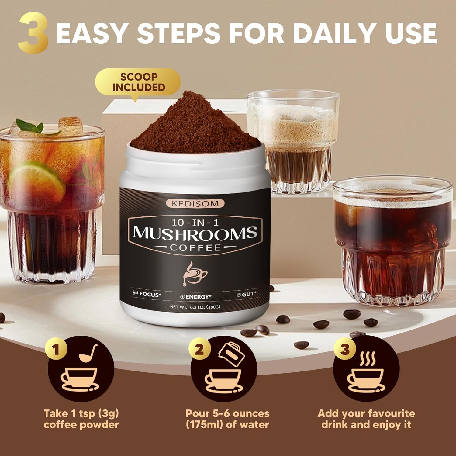 10 in 1 Mushrooms Coffee, Instant Mushroom Coffee Powder with Lion'S Mane, Cordyceps, Reishi, Shiitake, Turkey Tail, King Trumpet, for Focus, Energy, Immunity, 180G, 60 Servings