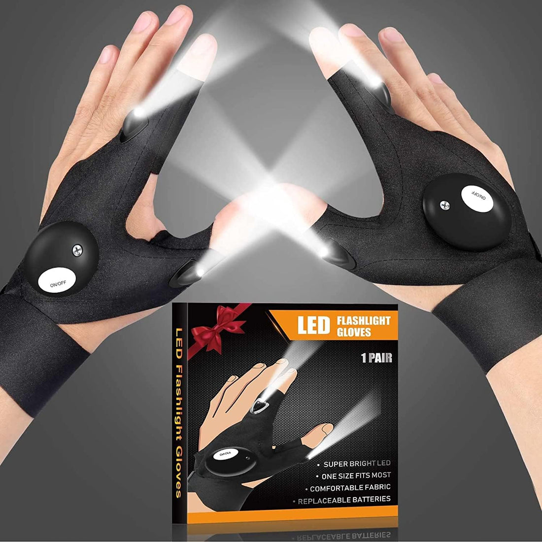 LED Flashlight Gloves, Gifts for Men Him Dad Husband Boyfriend, Cool Gadgets Waterproof Hands-Free Finger Lights for Night Fishing Repairing Running Camping, Fathers Day Birthday Christmas Gift