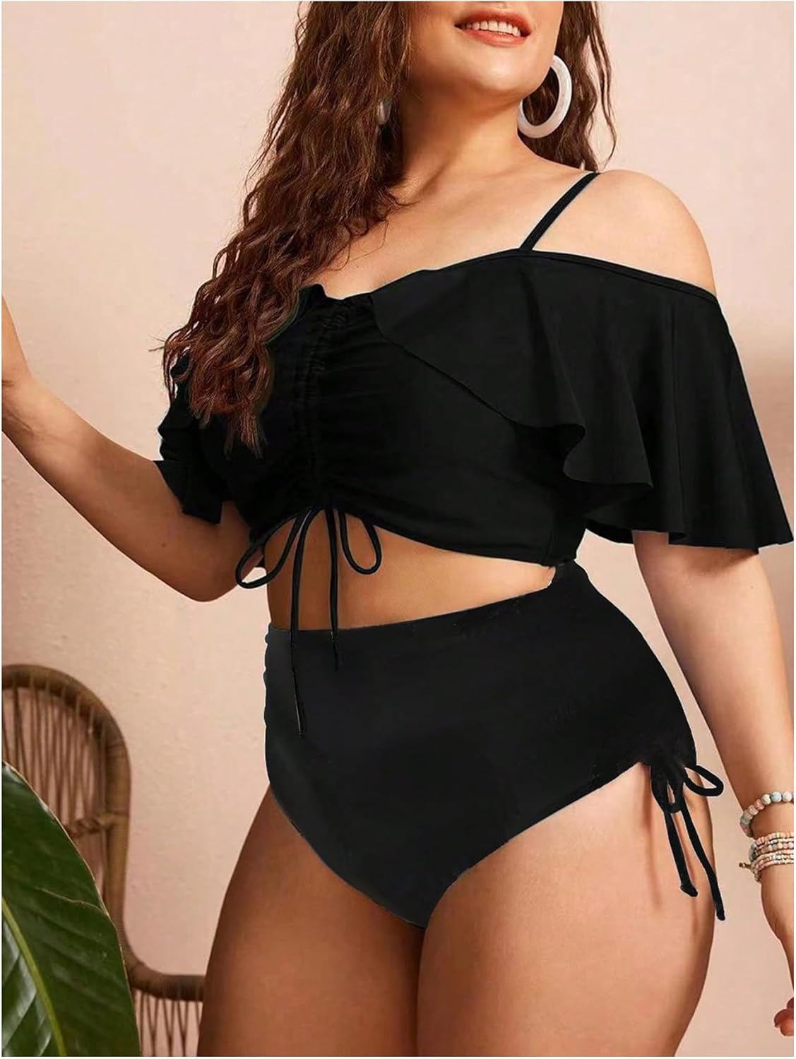 Women'S plus Size Two Piece Tankini Sets off Shoulder Ruffle Drawstring High Waisted Textured Swimsuits