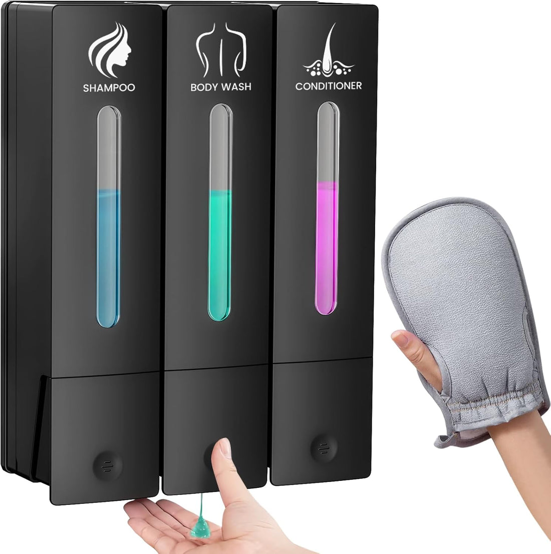 3 in 1 Shampoo and Conditioner Dispenser, 1200ML Capacity Shower Soap Dispenser Bathroom Set, 3 Chamber Shower Dispenser No Drill, Fashionable Wall Mounted Soap Dispenser for Bathroom & Hotel
