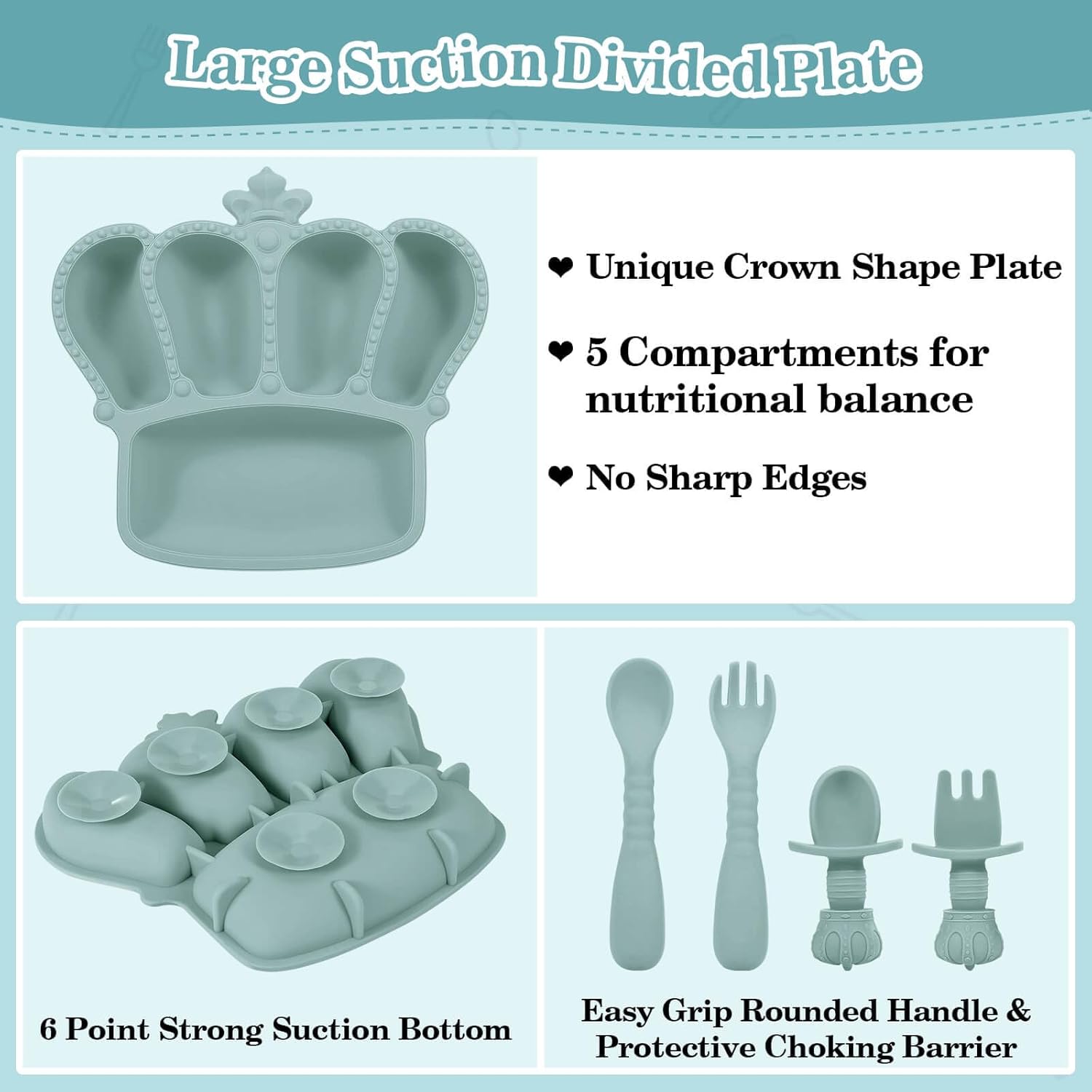 Silicone Baby Feeding Set 10 Pcs Baby Led Weaning Supplies Suction Bowl Divided Plate Baby Bibs Fruit Feeder Pacifier Baby Spoons Forks Sippy Cup Utensil Sets Baby Essentials for Newborn Grey Blue