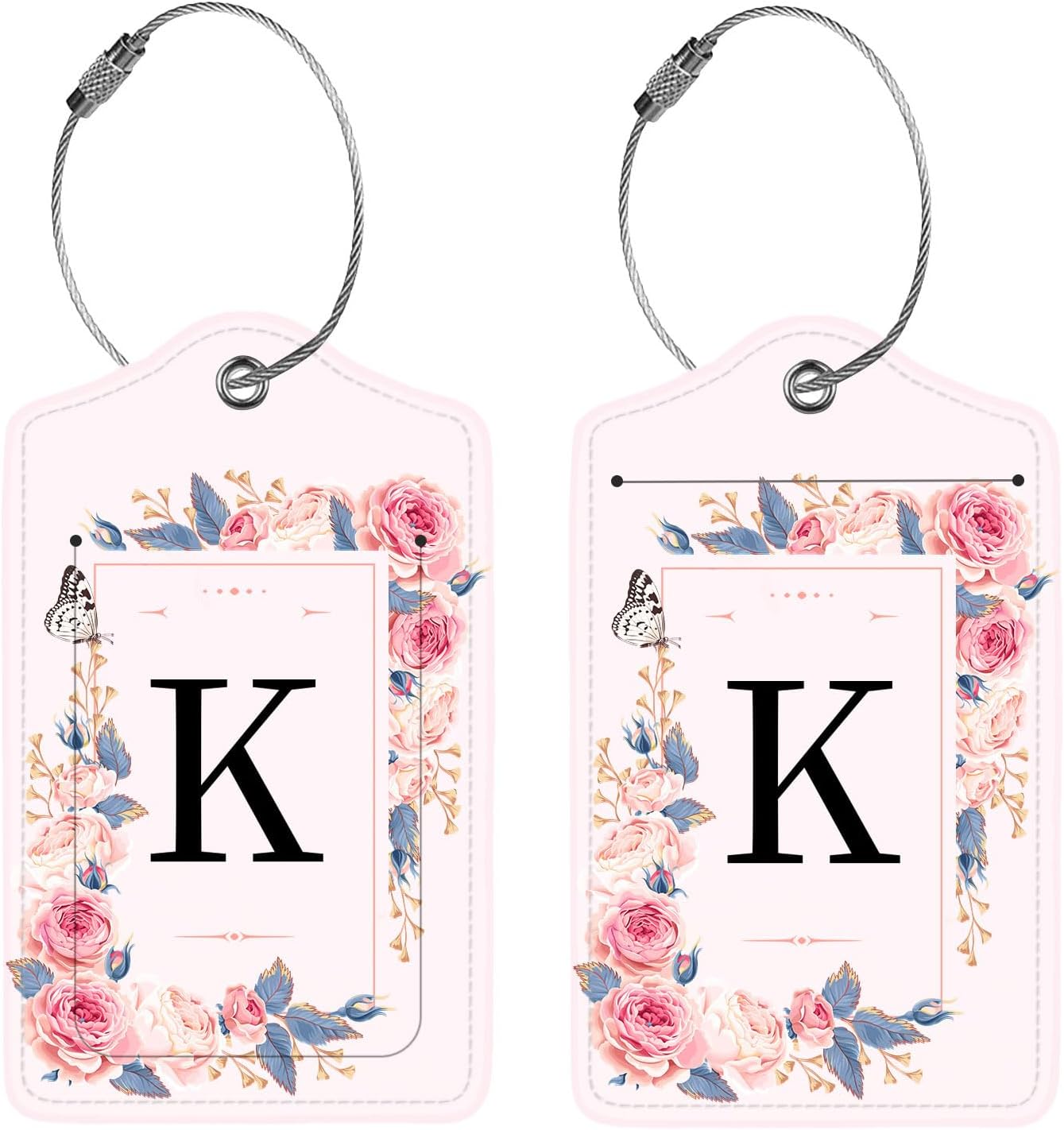 2 Pcs PU Leather Luggage Tag for Suitcases with Privacy Shield and Name ID Tag Address Card Travel Cruise Luggage Tag, Suitable for Men and Women Baggage Handbag Backpack,Flower and Monogram(Letter K