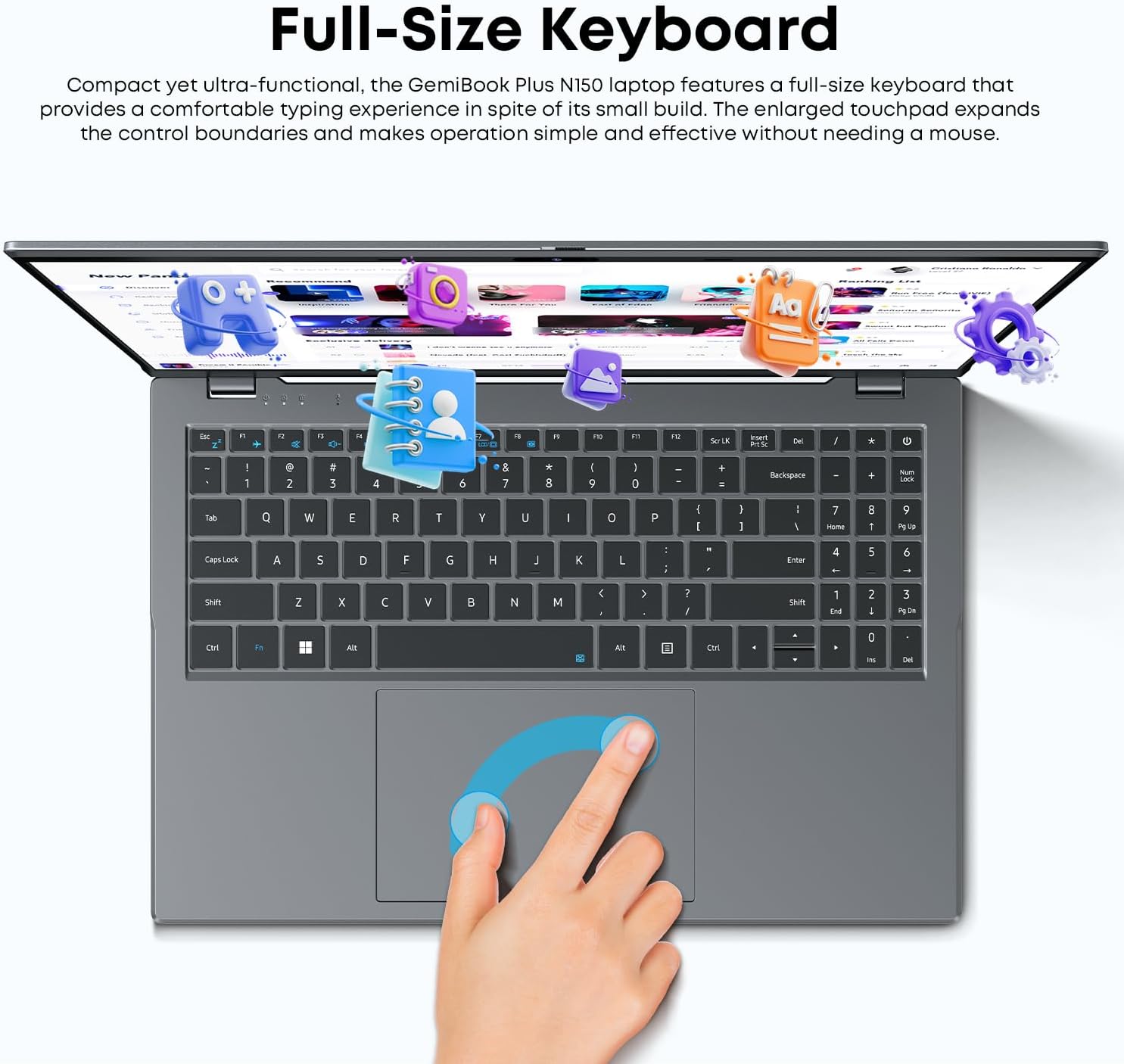 Gemibook plus Laptop 15.6'', 16GB LPDDR5 512GB SSD, Intel N150(Up to 3.6Ghz, TDP 15W), Windows 11 Laptops Computer, 2TB SSD Expend, IPS FHD 2K, HDMI, Wifi 6, BT5.2, USB 3.0, Webcam