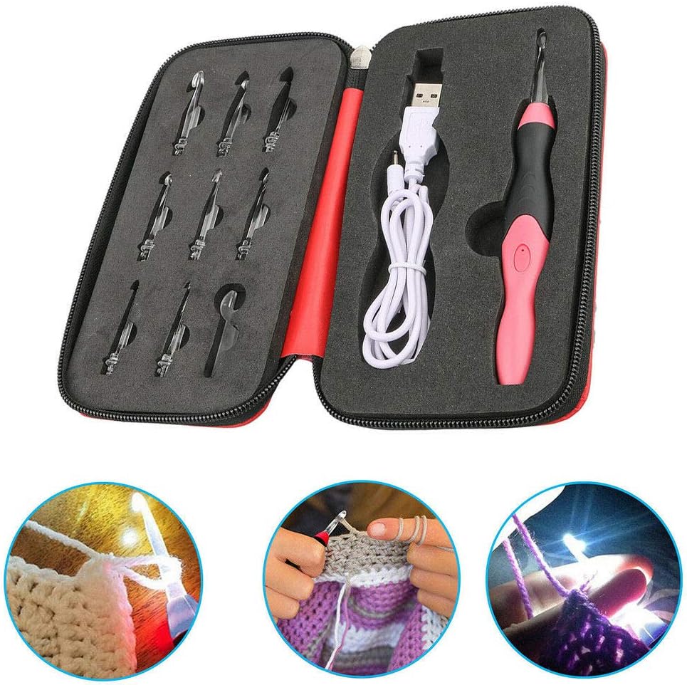 Lighted Crochet Hook Set, 9 in 1 Rechargeable Ergonomic Crochet Hook Set with Zip Case Light up Knitting Needles Kit Weave Sewing Tool Accessories