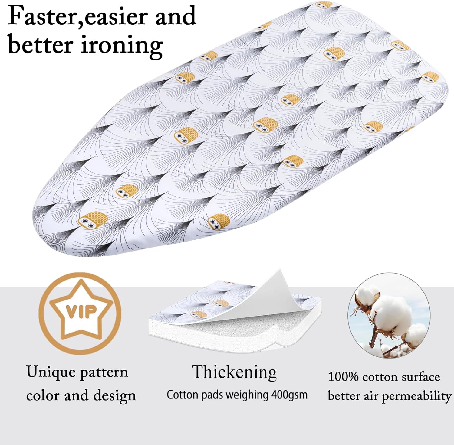Small Ironing Board Cover Scorch Resistant, Cotton Table Top Ironing Cover with Padding Heat Reflective Heavy Duty Pad (Owl, 12.5"X32")
