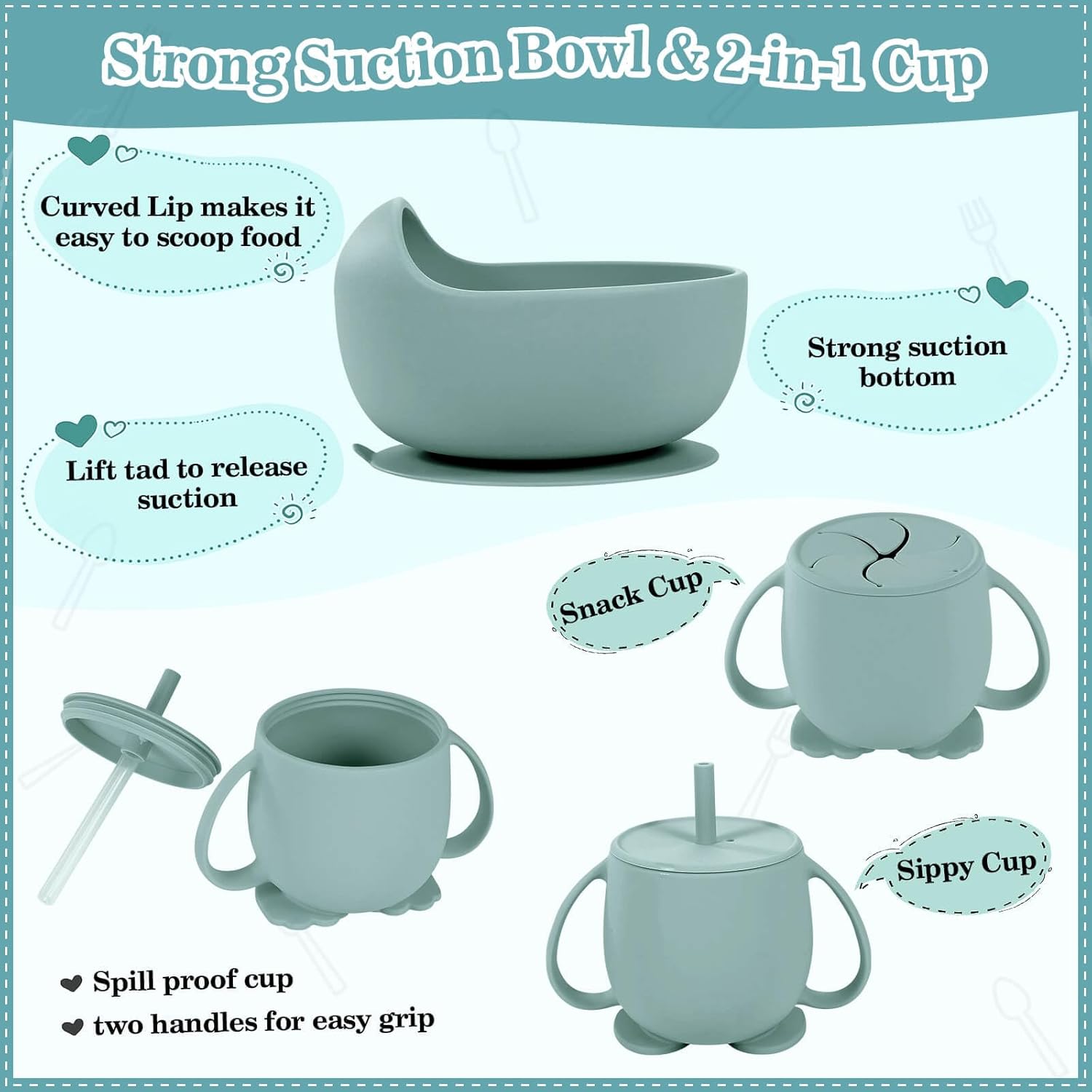 Silicone Baby Feeding Set 10 Pcs Baby Led Weaning Supplies Suction Bowl Divided Plate Baby Bibs Fruit Feeder Pacifier Baby Spoons Forks Sippy Cup Utensil Sets Baby Essentials for Newborn Grey Blue