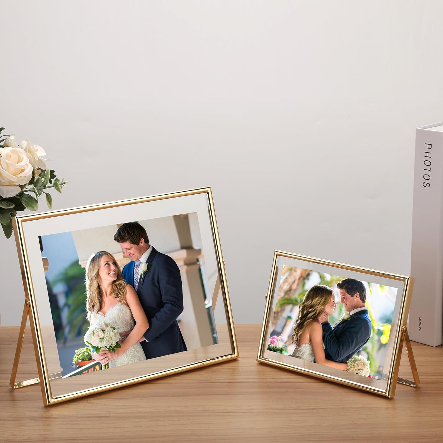 Gold 7X5" Floating Frame(Horizontal) 2Pack for Picture 3.5X5'', 4X6'', Classy Gold Frames Tabletop/Shelf Display, Elegant Gift Choice for Wedding, Thanksgiving, Christmas,Birthady, Home or Office Decor.