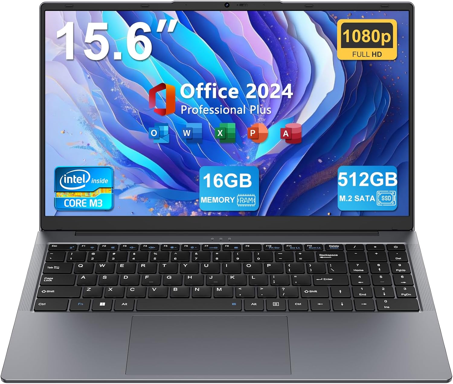 15.6" Laptop, 16GB RAM 512GB SSD, Intel Core Processor, Windows 11 Pro, MS Office 2024, Full HD Display, USB-C, HDMI, Thin & Lightweight Business Notebook for Work, Study, Home (Gray)