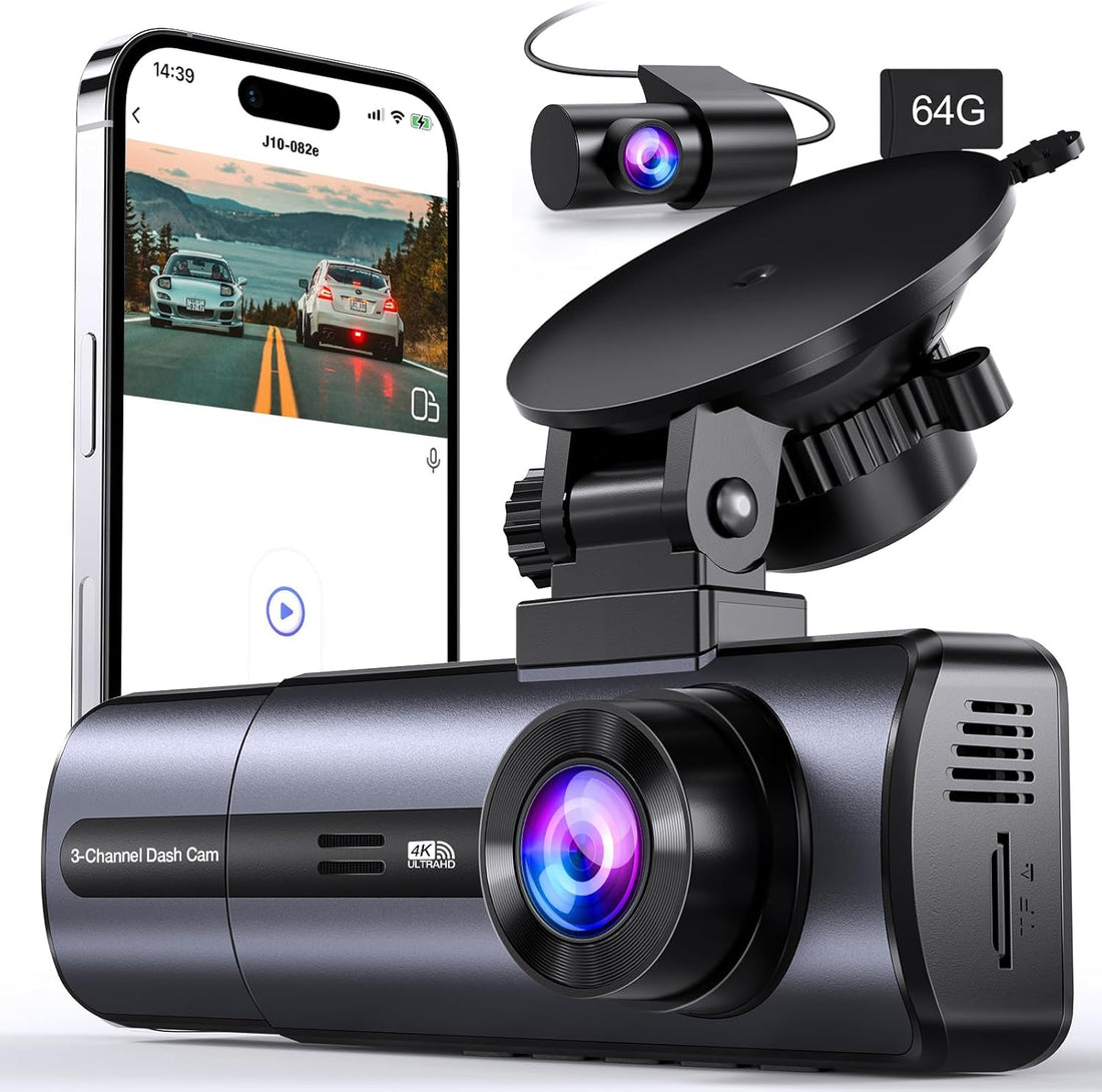3 Channel 4K Dash Cam with 5Ghz Wifi & APP Control, 4K/2.5K+1080P+1080P Front inside and Rear, Triple Dash Camera with 64GB Card, G-Sensor, 24 Hours Parking Mode, Loop Recording, Night Vision