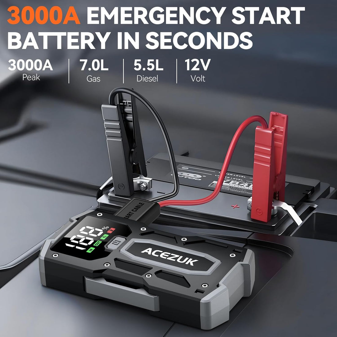 Car Jump Starter,12V 8-In-1 Jump Starter Battery Pack 3000A, up to 7.0L Gas & 5.5L Diesel Engines Quick Charge 3.0 Power Bank Jumper Cable with Led,Large Screen