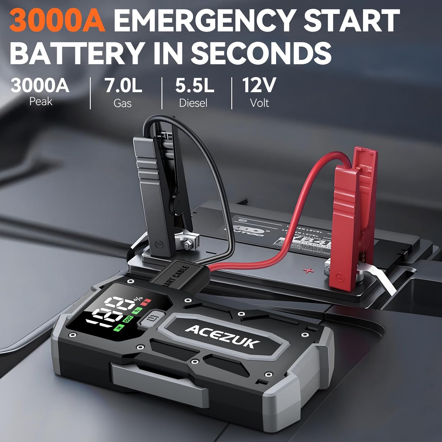 Car Jump Starter,12V 8-In-1 Jump Starter Battery Pack 3000A, up to 7.0L Gas & 5.5L Diesel Engines Quick Charge 3.0 Power Bank Jumper Cable with Led,Large Screen