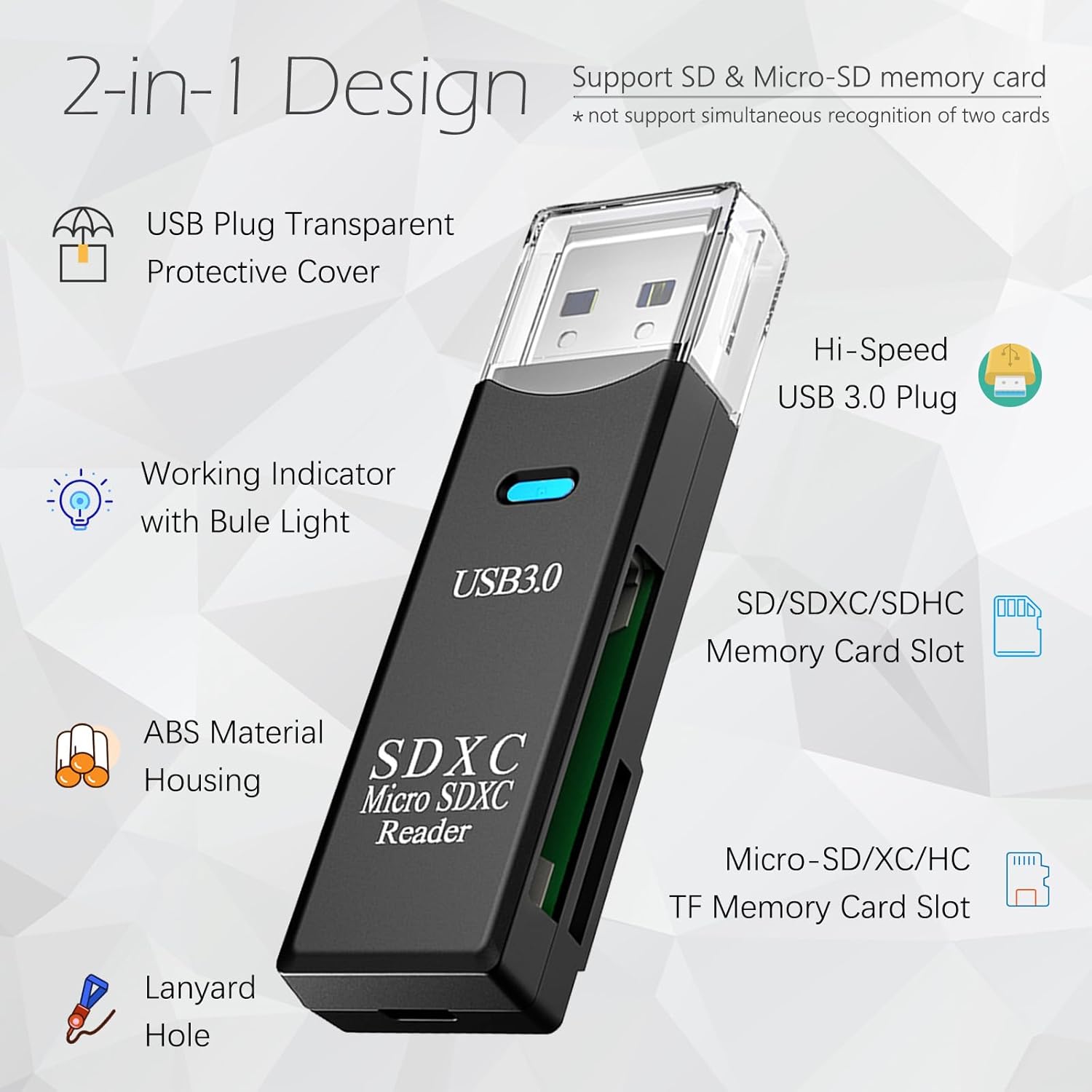 USB3.0 Micro SD Card Reader, 5Gbps 2-In-1 SD Card Reader to USB Adapter,  Memory Card Reader for SDXC, SDHC, MMC, RS-MMC, Micro SDXC, Micro SD, Micro SDHC and UHS-I Cards (1Pack Black)