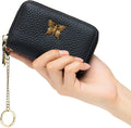 RFID Credit Card Holder for Women Genuine Leather Card Case Wallet with Zipper and Removable Keychain (Black)