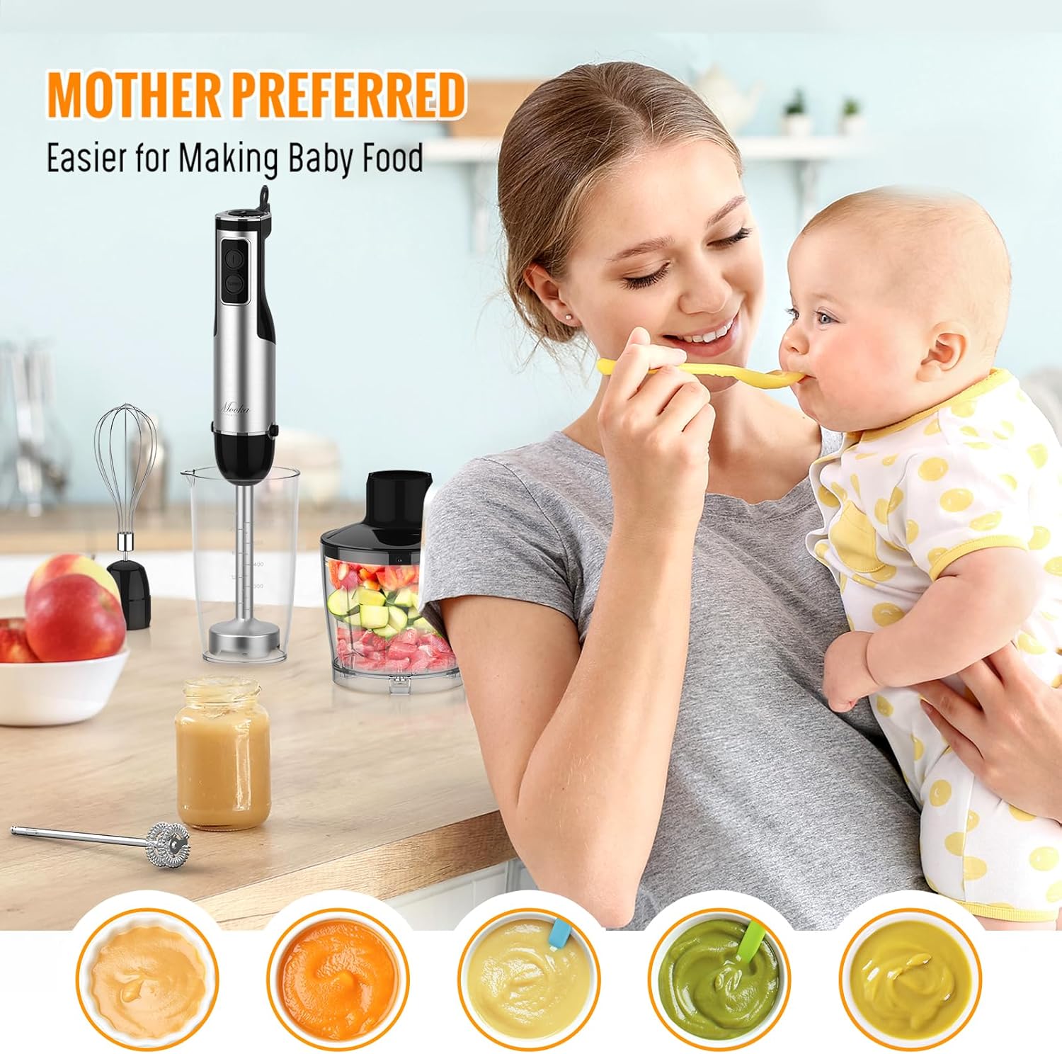 Immersion Blender Handheld, 1100W 5-In-1 Multi-Purpose Hand Blender, 12-Speed Stick Blender, 600Ml Beaker, 500Ml Chopper, Egg Whisk, Milk Frother, Black