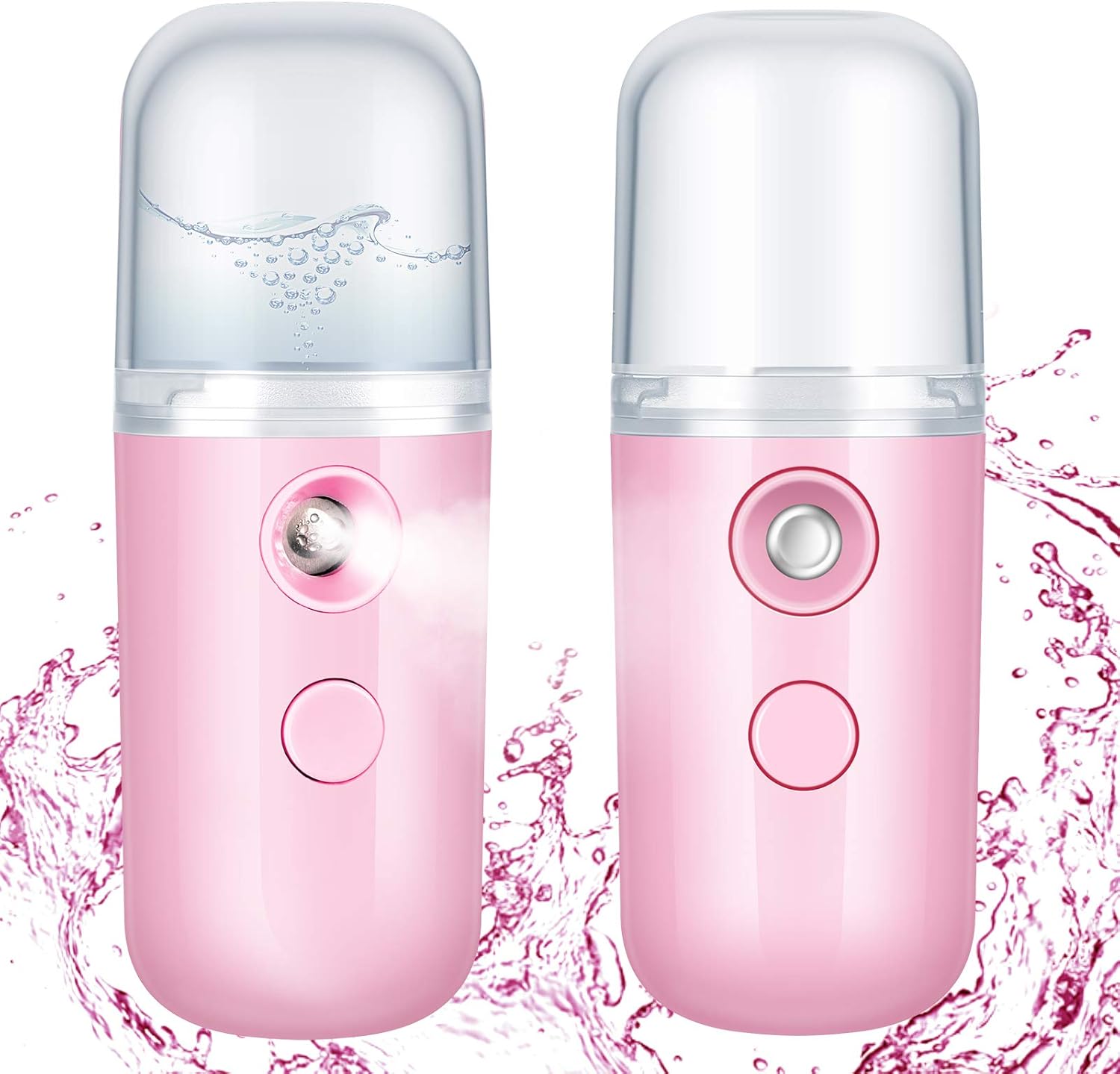 2 Pieces Nano Facial Mister 30 Ml Mini Face Humidifier Portable Facial Sprayer USB Rechargeable Handy Skin Care Machine for Face Hydrating, Daily Makeup (Dark Pink and White)