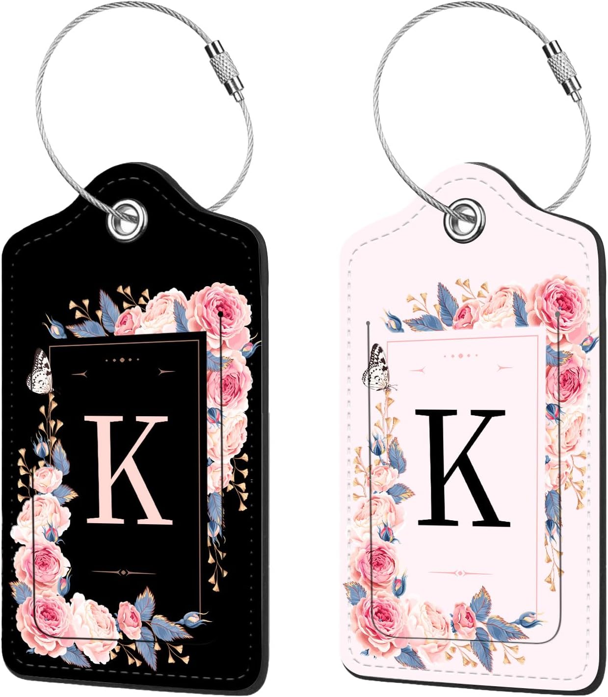 2 Pcs PU Leather Luggage Tag for Suitcases with Privacy Shield and Name ID Tag Address Card Travel Cruise Luggage Tag, Suitable for Men and Women Baggage Handbag Backpack,Flower and Monogram(Letter K