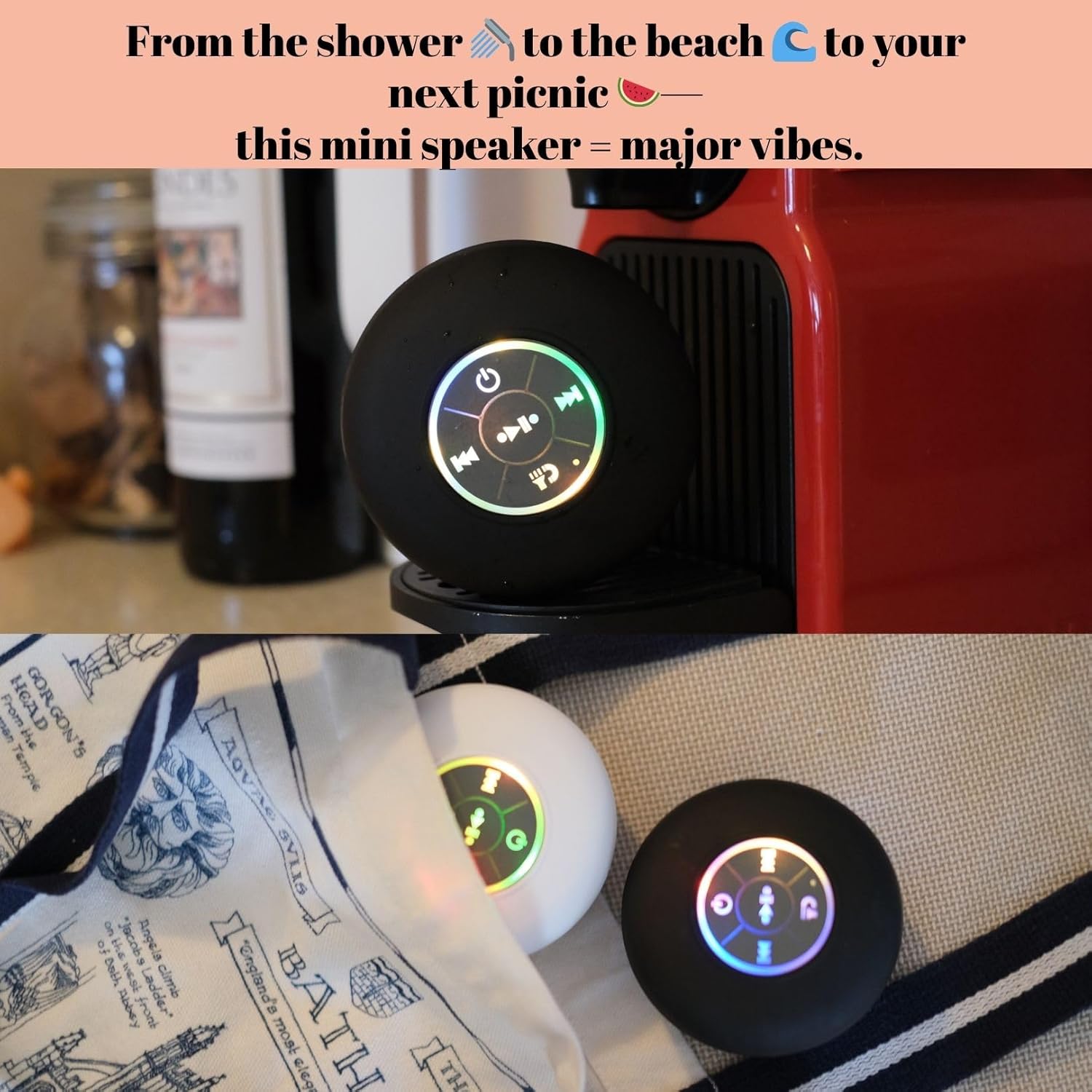 Waterproof Bluetooth Shower Speaker with LED, IPX4 Portable Wireless Hands-Free Mini Speaker, Built-In Mic, Suction Cup (Black)