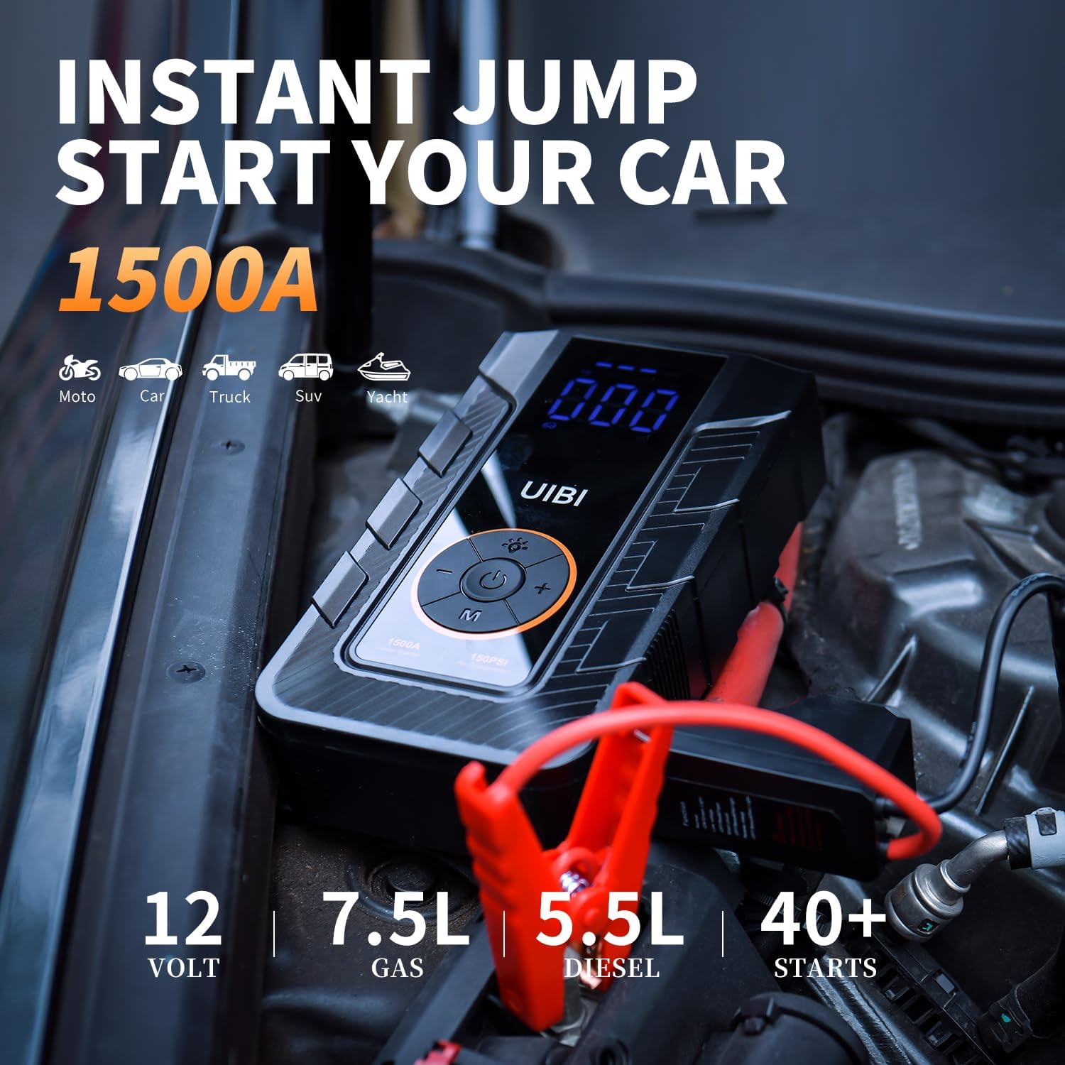 Jump Starter with Air Compressor, Fast Charg 45W X3 1500Amp Battery Jumper Starter Portable for 7.5L Gas or 5.5L Diesel Engine, 12V Jump Box with Smart Jumper Cables, 150PSI Tire Inflator, LED