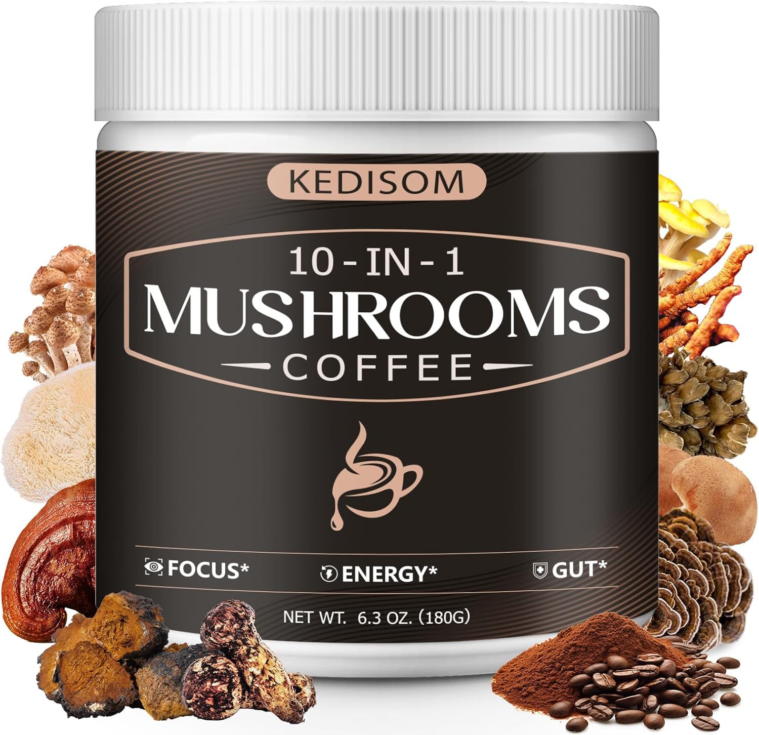10 in 1 Mushrooms Coffee, Instant Mushroom Coffee Powder with Lion'S Mane, Cordyceps, Reishi, Shiitake, Turkey Tail, King Trumpet, for Focus, Energy, Immunity, 180G, 60 Servings