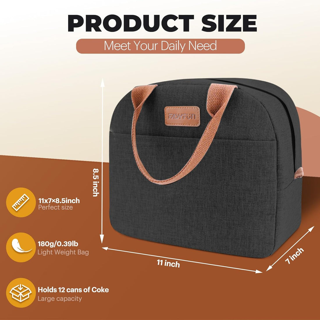 Lunch Bag for Women & Men, Adult Insulated Leakproof Lunch Box Bags with Large Capacity, Cooler Tote Bag for Work/Travel/Office/Outdoor (Black)