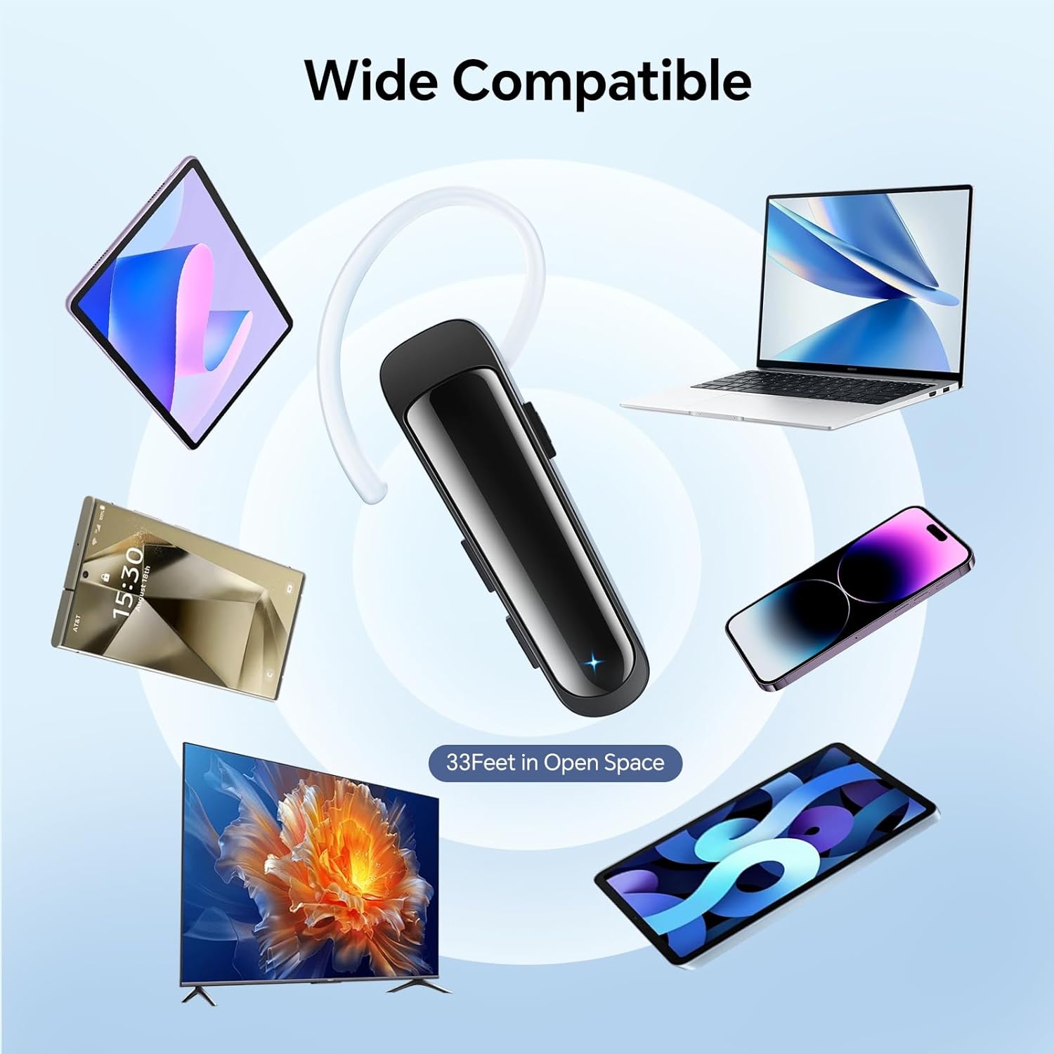 Bluetooth Headset Wireless Earpiece HD Hands Free Headphones with Microphone Lightweight Single Ear Earphones with Mute for Iphone Samsung Android Cell Phone PC Laptop TV Work Office Driving Business