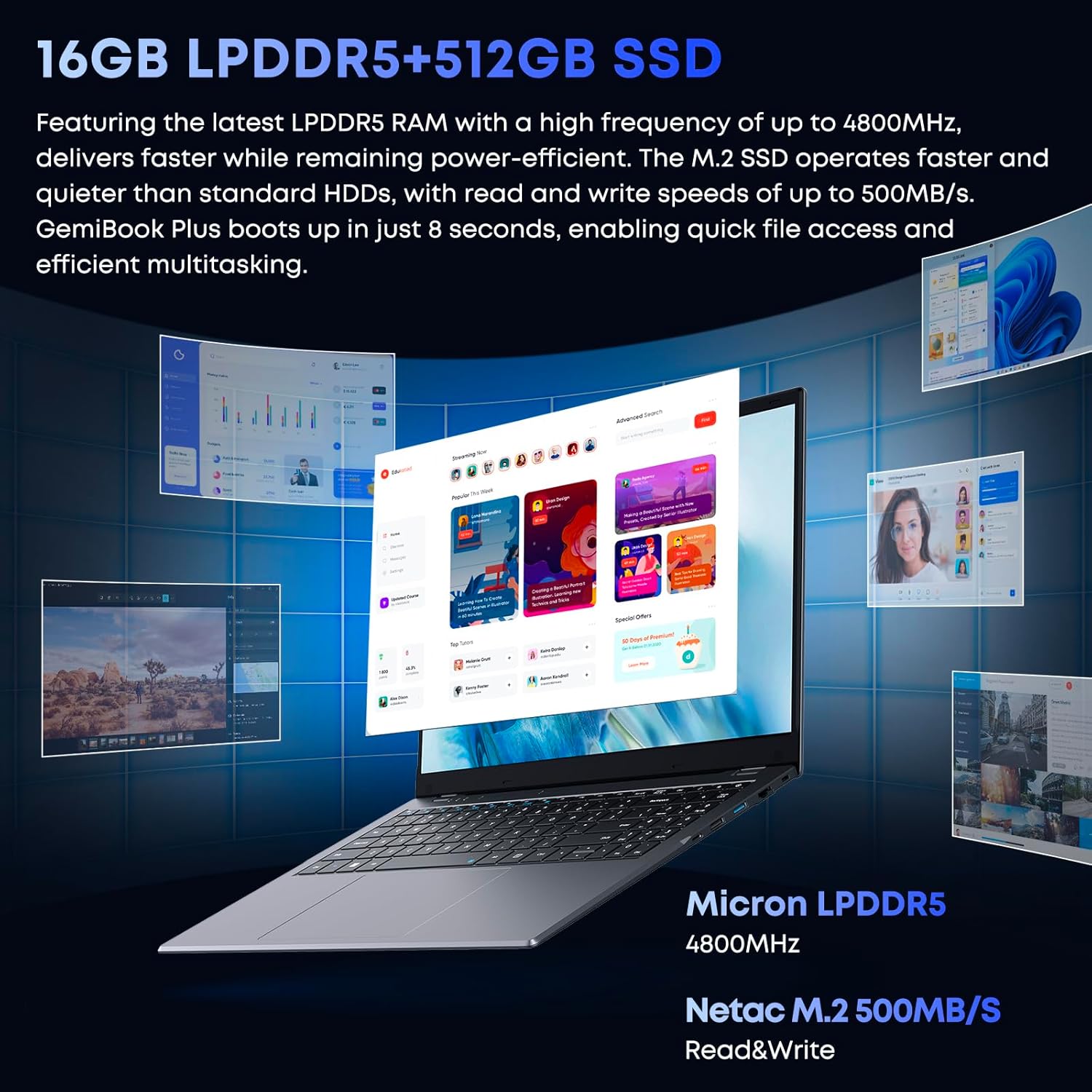 Gemibook plus Laptop 15.6'', 16GB LPDDR5 512GB SSD, Intel N150(Up to 3.6Ghz, TDP 15W), Windows 11 Laptops Computer, 2TB SSD Expend, IPS FHD 2K, HDMI, Wifi 6, BT5.2, USB 3.0, Webcam