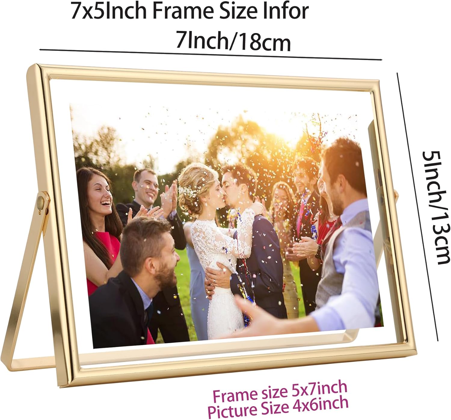 Gold 7X5" Floating Frame(Horizontal) 2Pack for Picture 3.5X5'', 4X6'', Classy Gold Frames Tabletop/Shelf Display, Elegant Gift Choice for Wedding, Thanksgiving, Christmas,Birthady, Home or Office Decor.