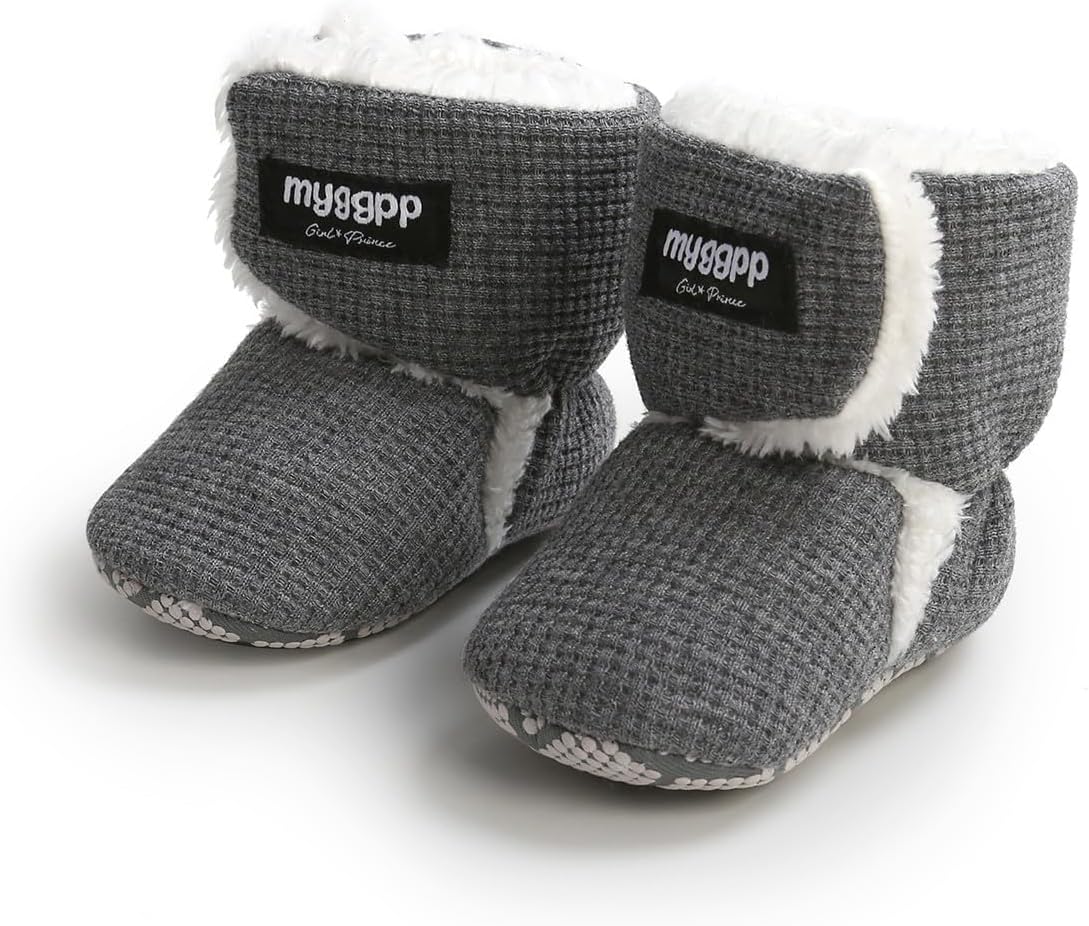 Baby Booties Cozy Fleece Slippers Soft Baby Shoes with Gripper Soles, Winter Infant Newborn Crib Sock Shoes Warm Footwear First Walkers