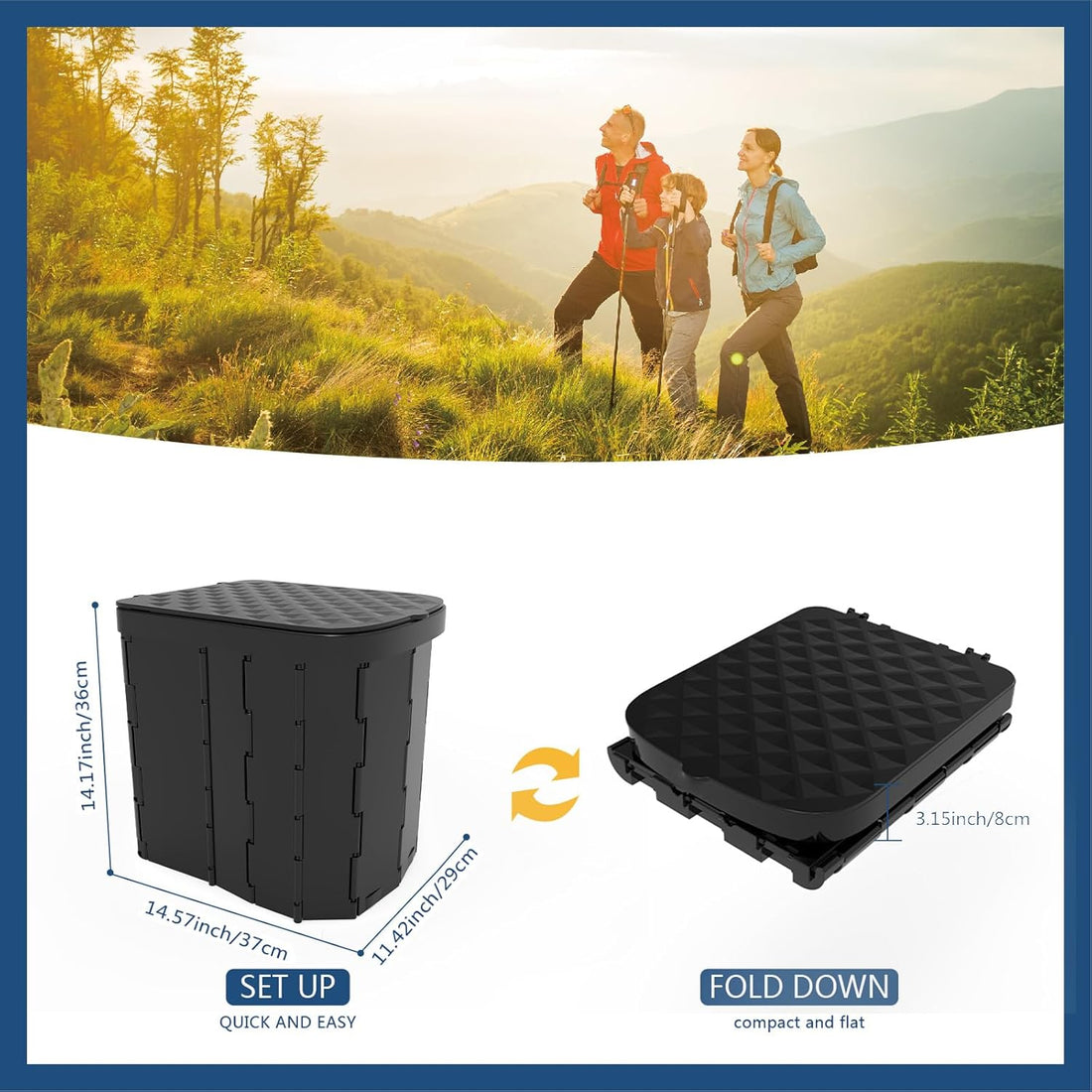 XL Portable Folding Toilet with Lid - Travel Portable Potty for Adults, 12 Toilet Bags, 12 Pack Liquid Waste Gel